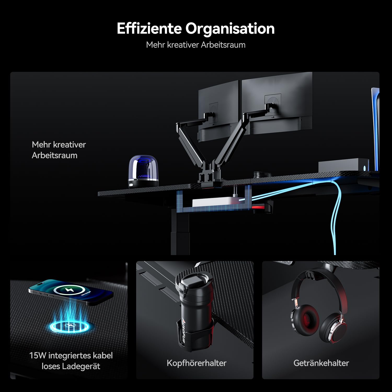 AutoFull A4 Pro Gaming Schreibtisch Höhenverstellbar Elektrisch, 160 x 70 cm Gaming Tisch mit Doppelmotor, Memory-Funktion, RGB Beleuchtung, 15W Kabelloses Laden & Kabelmanagement, Schwarz