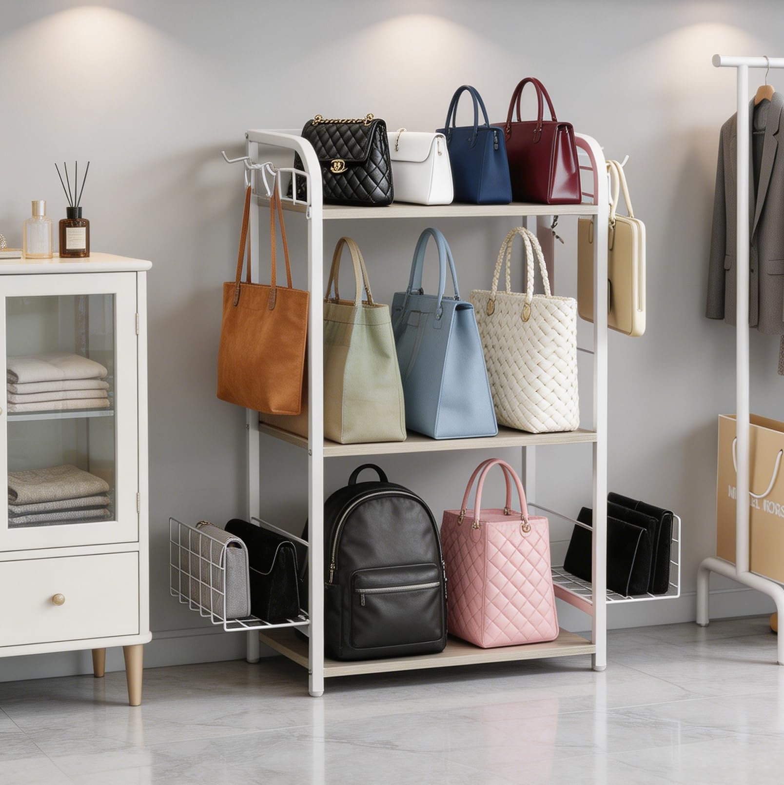 3-Stöckiges Handtaschen-Organizer-Regal, Freistehender Bag Storage Halter | Mit Verstellbarem Korb und Seitenhaken, Robuste Aufbewahrung, Für Kleiderschrank, Schlafzimmer, Wohnzimmer, Flur