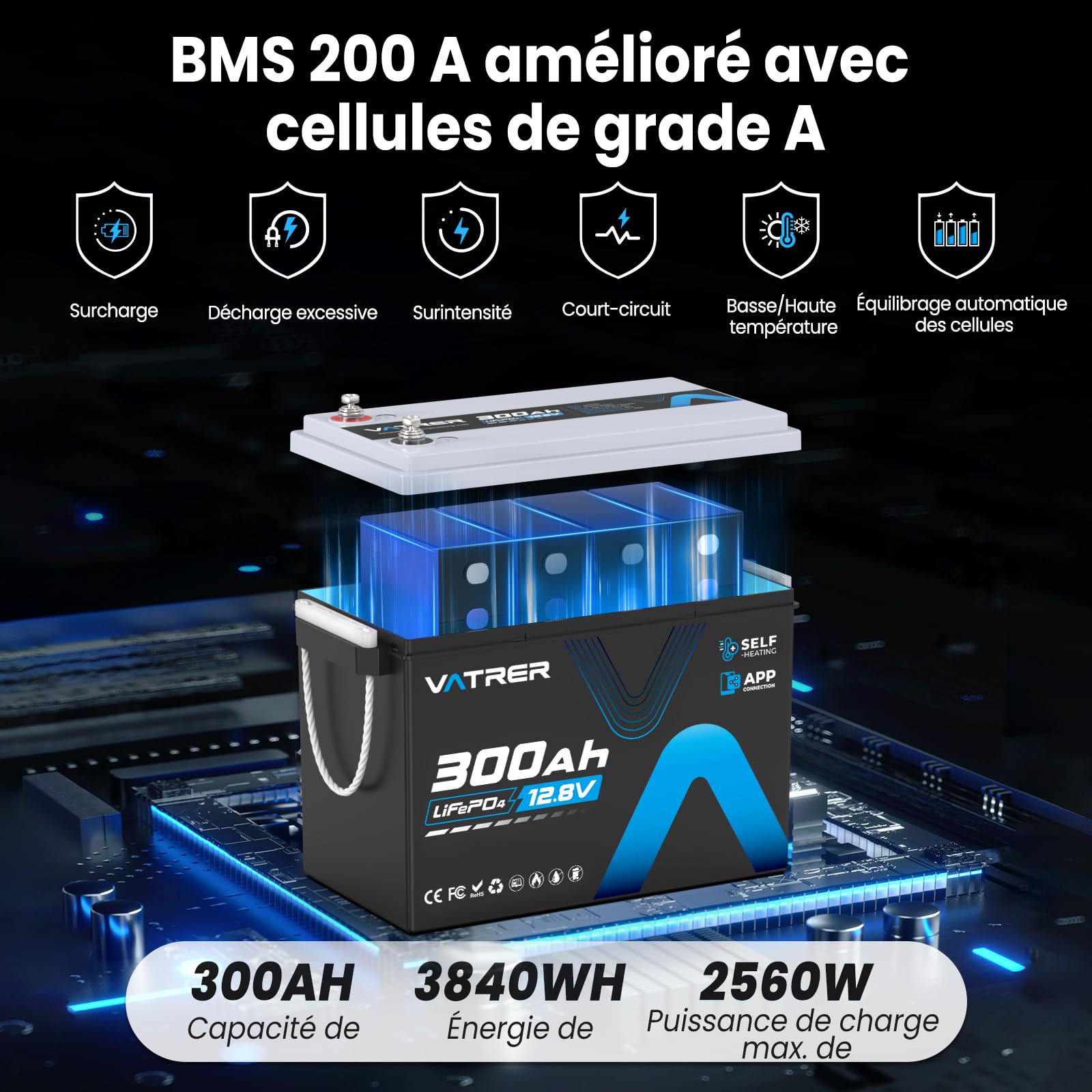 VATRER POWER Batterie LiFePO4 12V 300Ah Chauffante Bluetooth BMS 200A