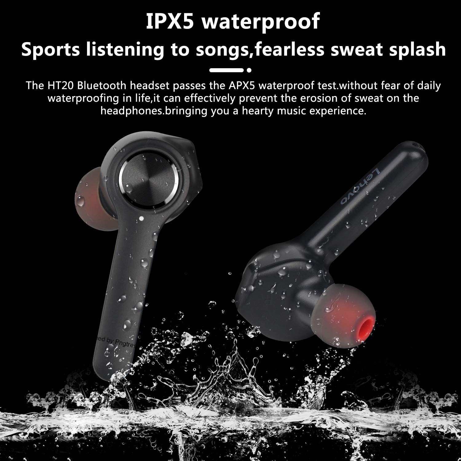 Lenovo HT20 Słuchawki douszne Bluetooth bezprzewodowe słuchawki douszne z profilem dźwięku premium z intensywnym basem IPX5, klasa ochrony wodoodporności Bluetooth 5.0
