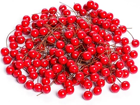 Lystaii 200pcs Artificial Holly Berries Mini 10 mm Christmas Fake Berries with Wire Stems Artificial Berry Fake Berry Stems Picks for Christmas Tree Decorations Wreath Craft Wedding Party Decor Red