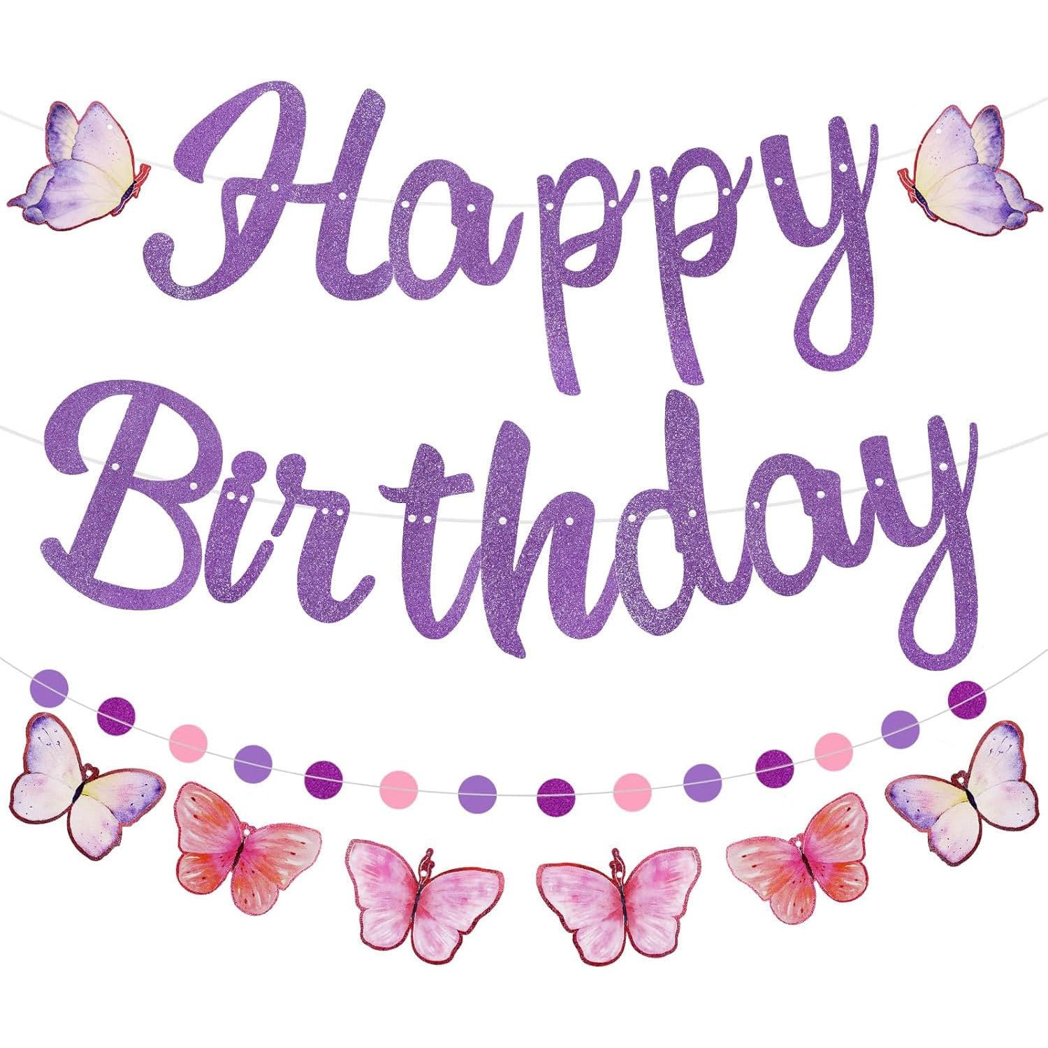 Muiltvoe Purple Butterfly Birthday Decorations for Women, Happy Birthday Banner, Happy Birthdays Sign, DIY Party Decoration, for Women Girl Butterfly Theme Birthdays Supplies