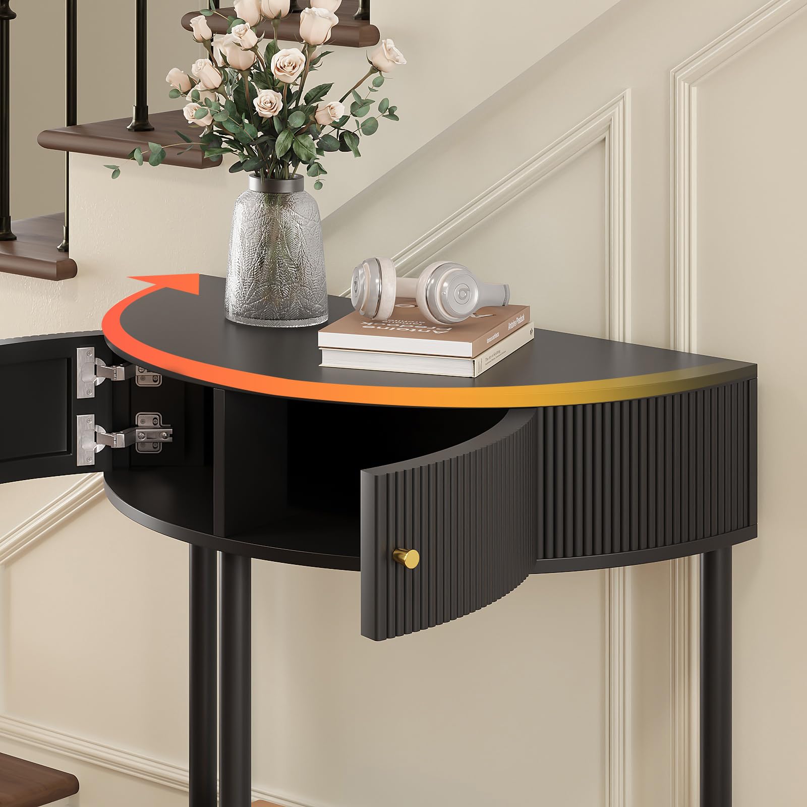 Trironsun Mesa de consola de media luna con espacio de almacenamiento, mesa de pasillo estrecha con 2 cajones, asas y estantes dorados, mesa auxiliar de madera boho para sala de estar, dormitorio o