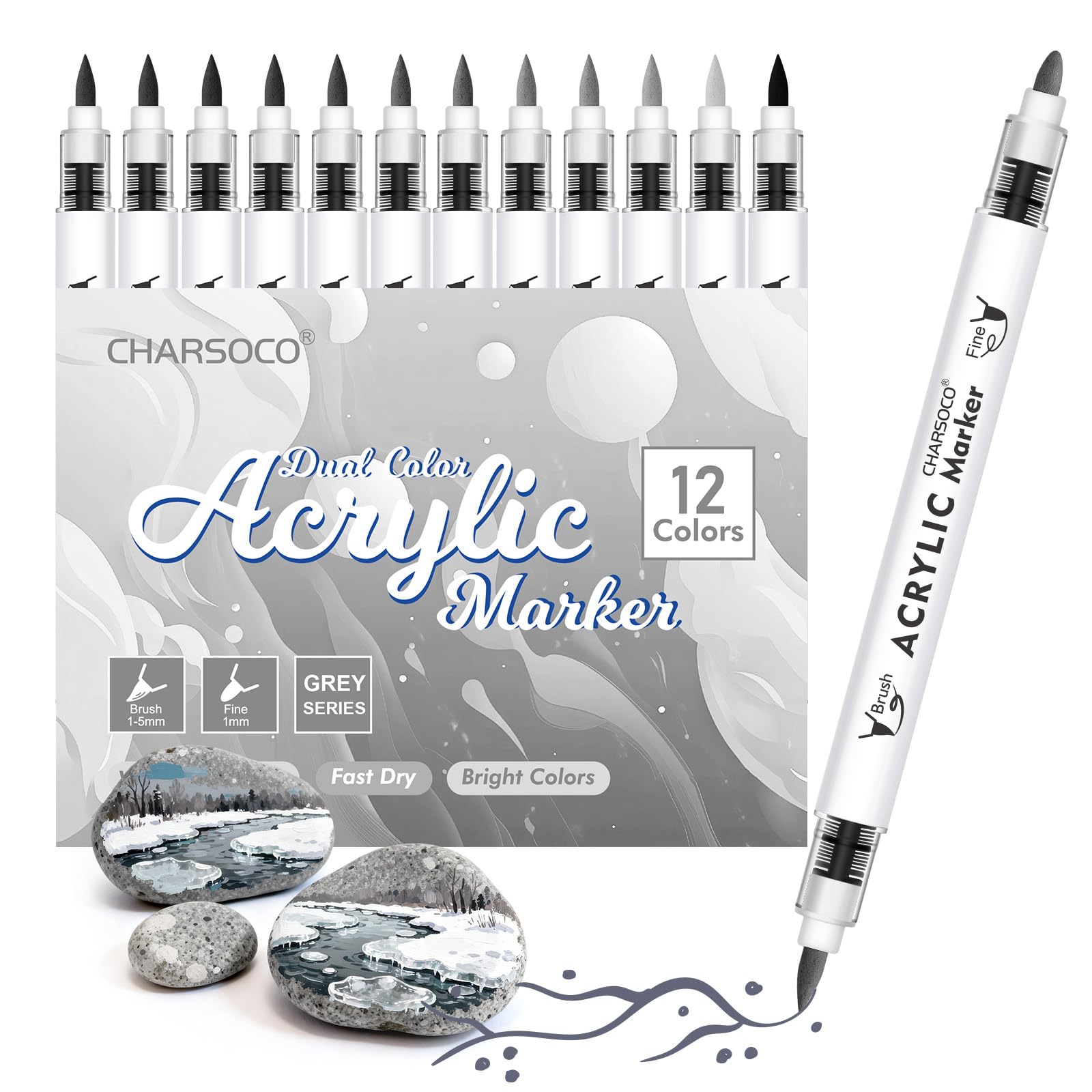 CHARSOCO Grey Tones Acrylic Paint Pens, 12 Colors Markers Set with Soft Brush & Bullet Tip, for Rock, Painting, Wood, Glass, Ceramic, Canvas, Stone, DIY Crafts, Making Art Supplies, Fabric Paint — image 1