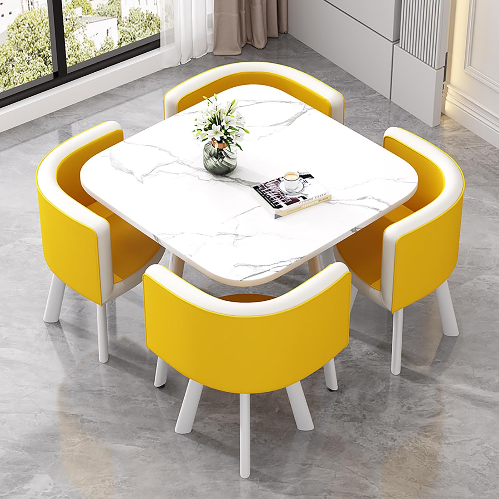 Stylish Round Dining Table Set with 4 Chairs - Perfect for Kitchen Breakfast Bar, Office Reception, Cafe, Balcony, or Living Room - Durable Cotton Linen Upholstery,Compact and Space-Saving Design H8