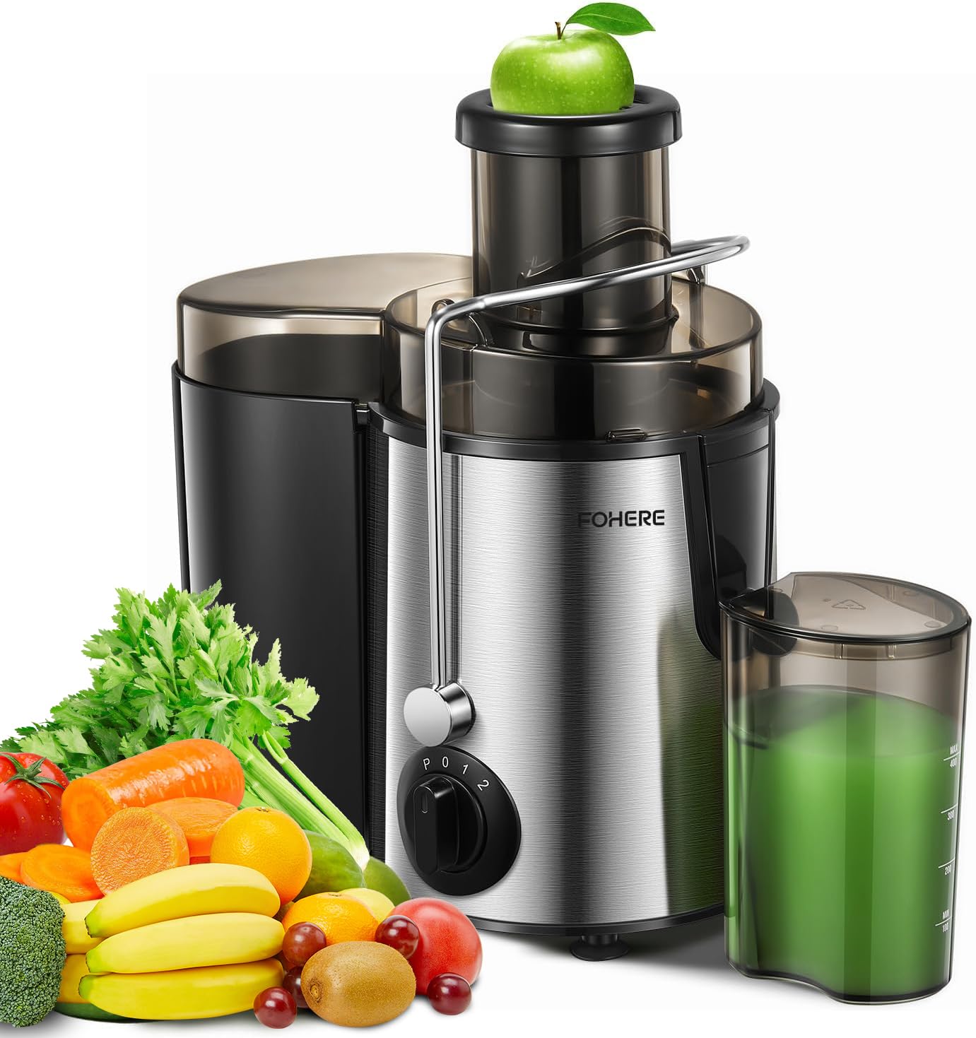 Juicer Machines, FOHERE Juicer Whole Fruit and Vegetables with 3-Speed Setting, Upgraded Version Max Power 800W Motor Quick Juicing, Cleaning Brush and Juicing Recipe Included