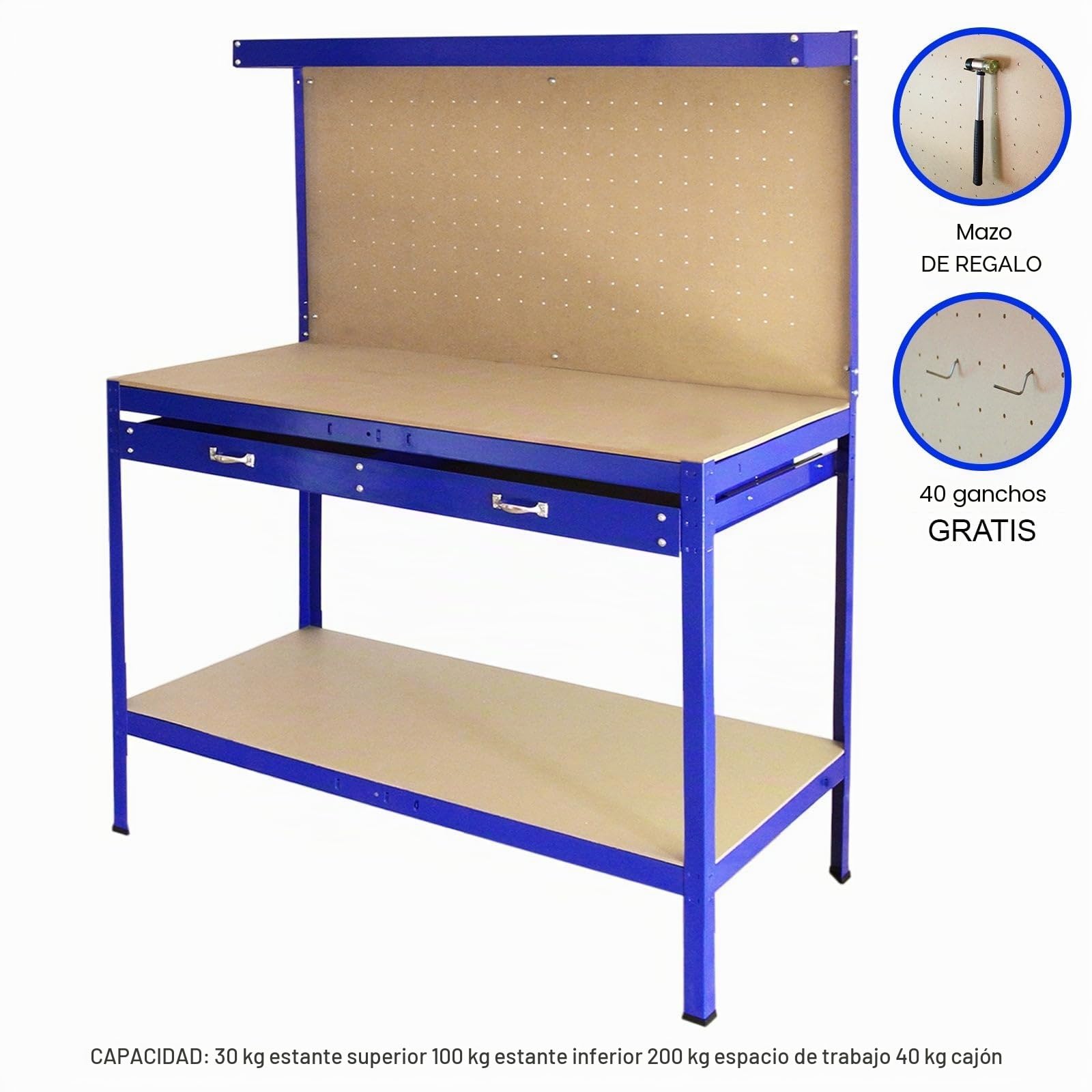 Monster Shop - Banco de trabajo con tablero de clavijas y cajón, almacenamiento de herramientas resistente, caja de herramientas, encimera, garaje, estantería de metal, estante de estación, bricolaje