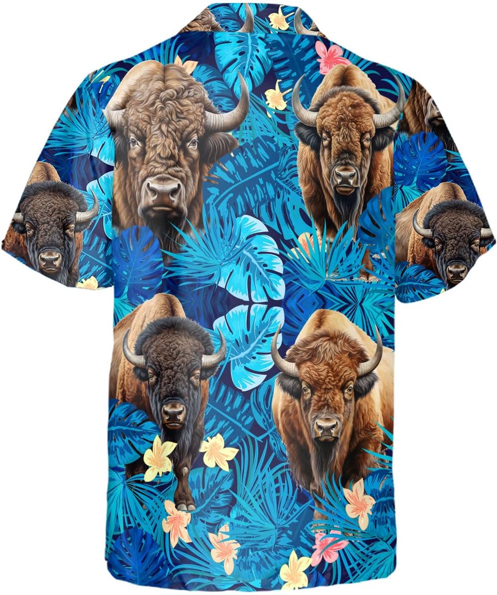Bison Hawaiian Shirt for Men Funny - Hawaiian Shirts Short Sleeve - Mens Button Down Shirt Gifts for Buffalo Lovers
