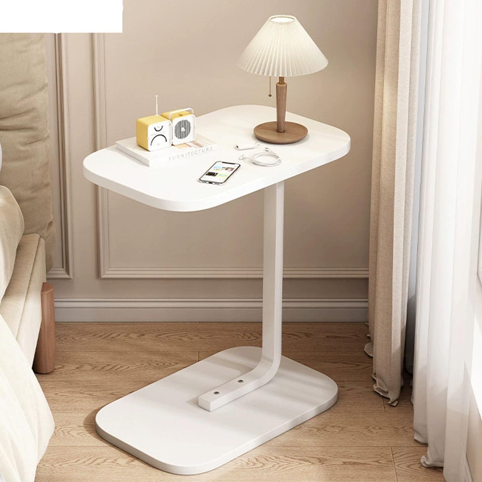 SXZenSpace C Shaped End Table for Couch Wood,Small Side Slide under with TV Tray, Living Room,Small Spaces,Bedroom,White