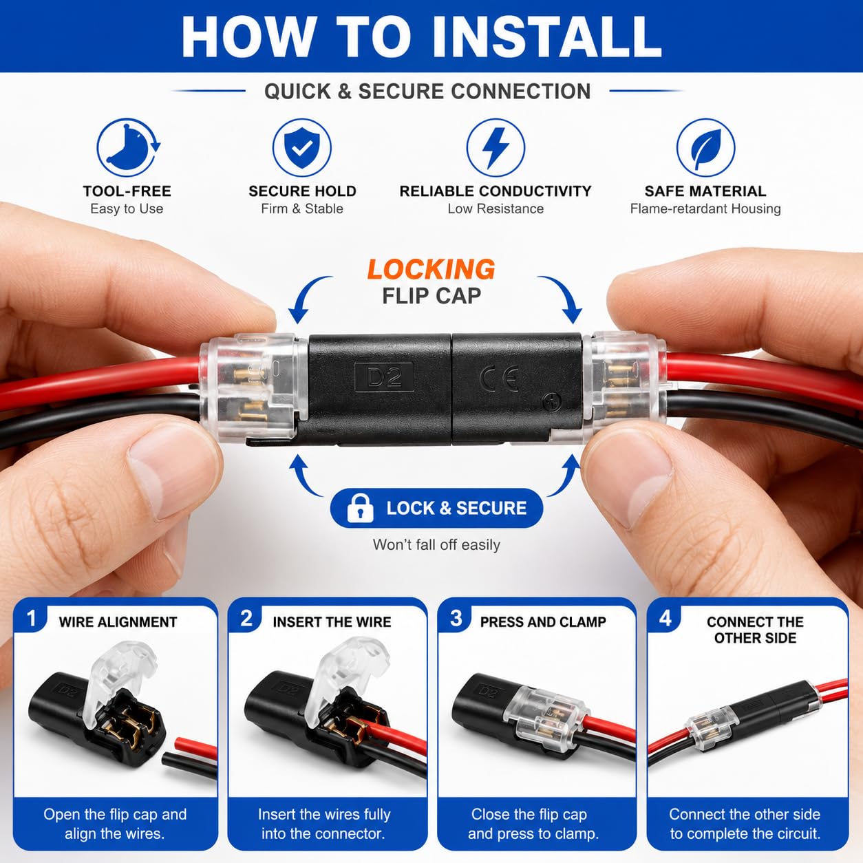 100PCS Double Wire Plug in Connector with Locking Buckle, Flame Retardant Lock Strip Connector, Quick Connect Wire Connectors Push-in for Low-Voltage Led Strip and Automotive Wiring, 22-18 AWG, 2 Pin