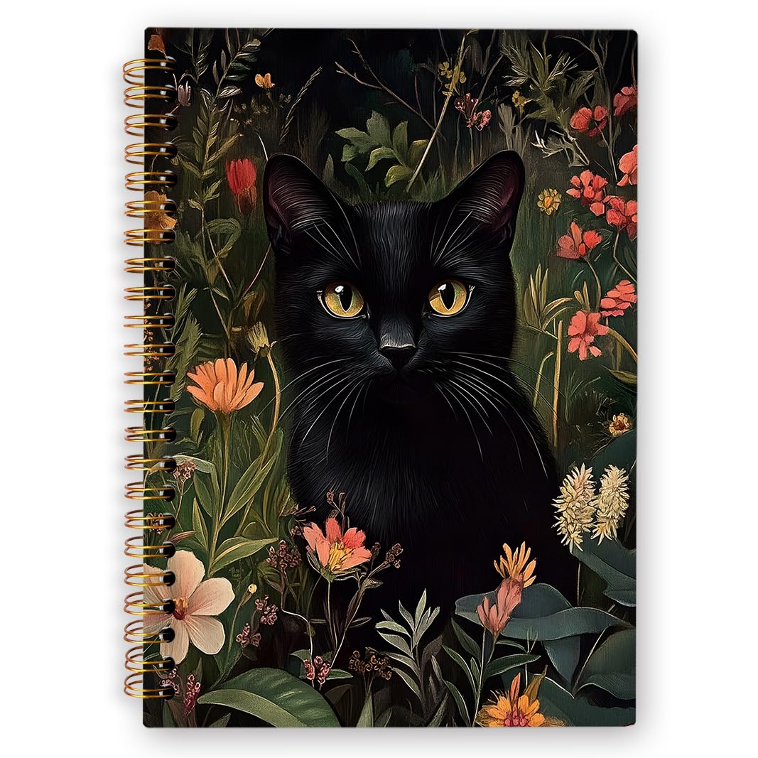 Black Cat Botanical Spiral Notebook, Witchy Black Cat Floral Journaling Notebooks, Dark Cottagecore Cats Spiral Journal for Women, Gothic Cats Floral Office School Supplies Gifts, 5.5x8.3In