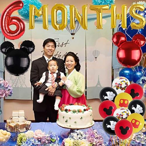 Miniatura 6 de Mickey - Globos de seis meses inspirados en Mickey y Balck con bandera de 12 año, 6 meses de embarazomedio año100 días de cumpleaños, baby shower,
