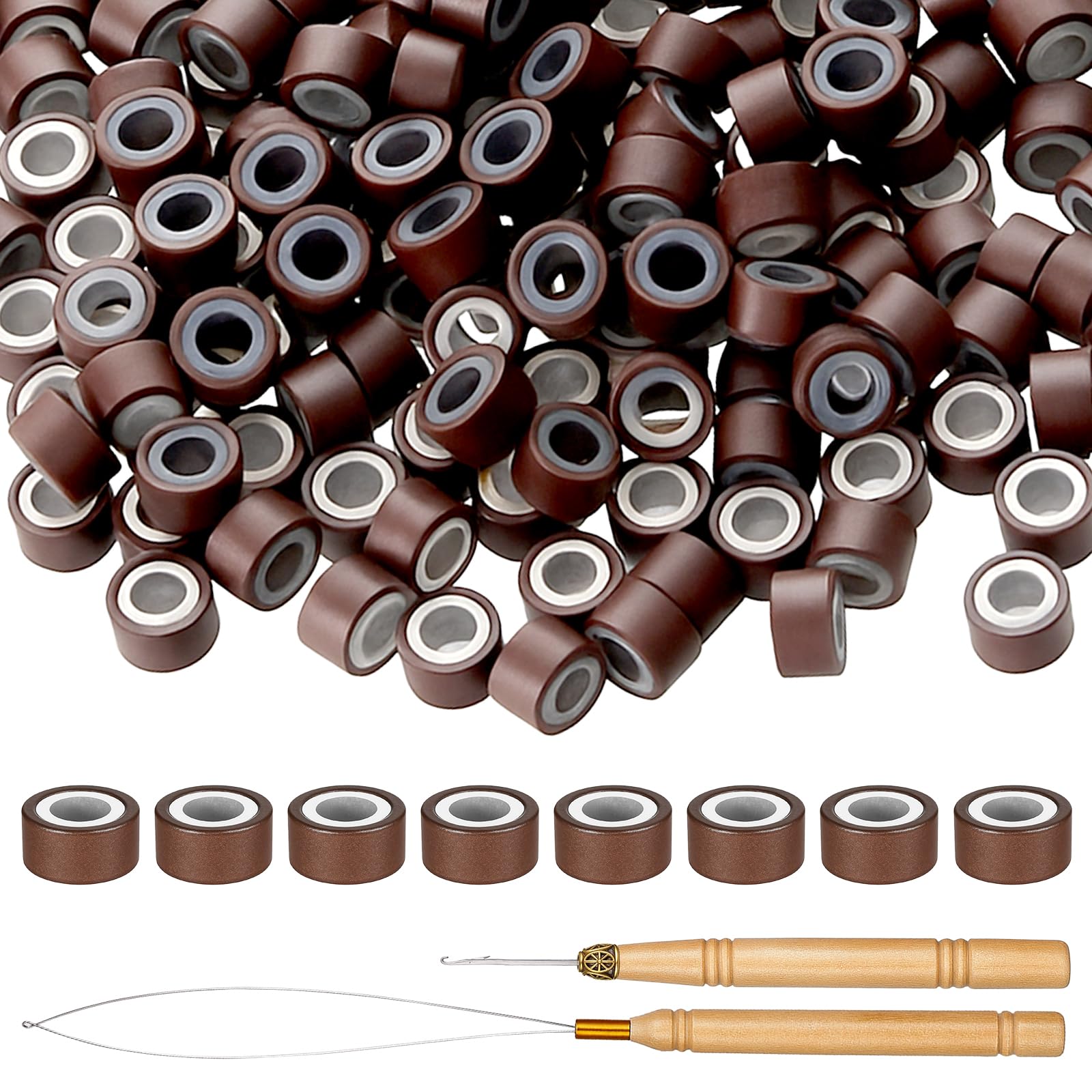 200 PCS Hair Extensions Beads 4mm Silicone Lined Micro Links Beads with Pulling Hook Needle, Hair Extensions Tool Kit Bead Device Tool Kits for Tinsel and Feather Hair Extensions (Dark Brown)