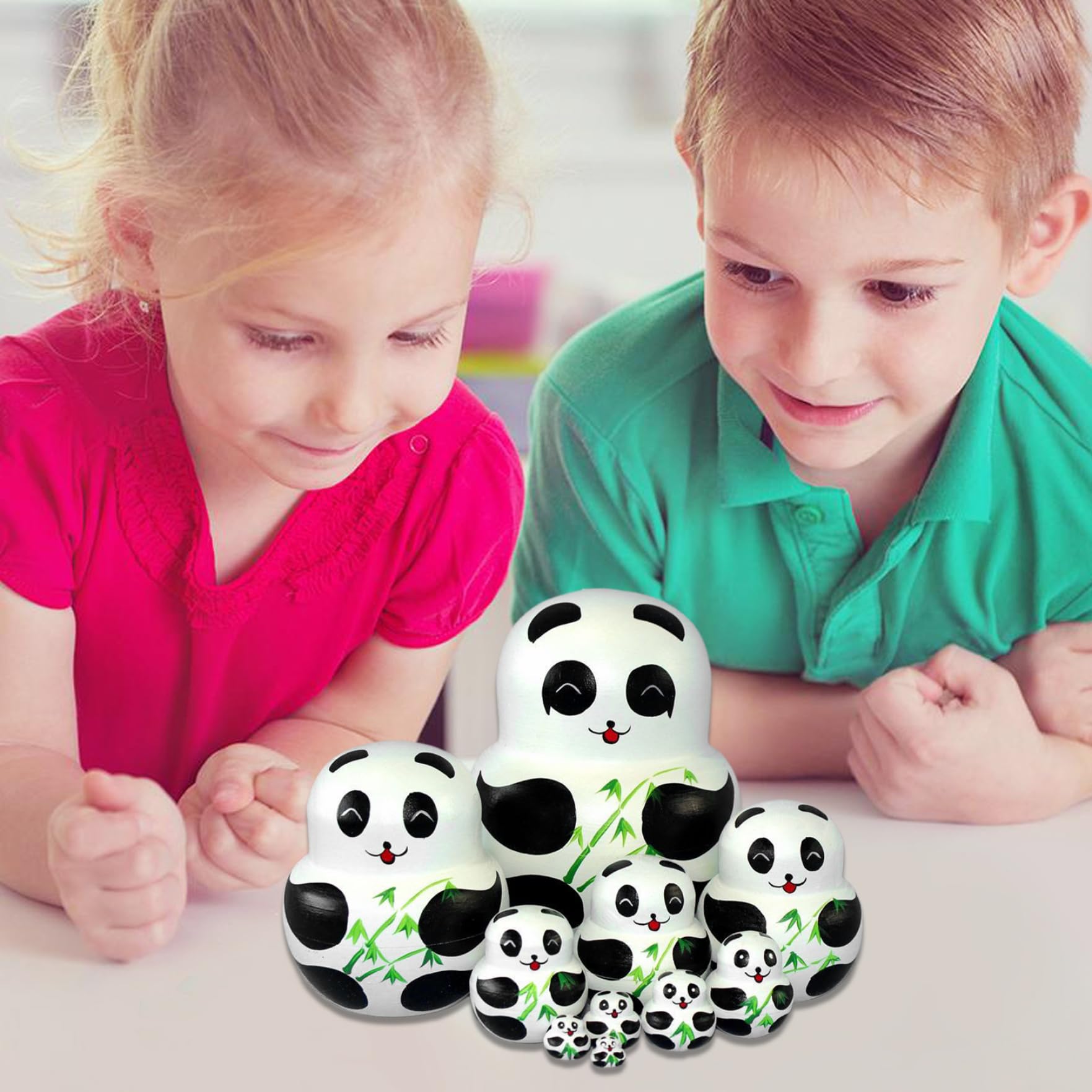 10 pièces poupées gigognes, poupée Matryoshka Design Panda Dessin animé Mignon avec Motif de Bambou poupées gigognes Russes en Bois pour Les Enfants