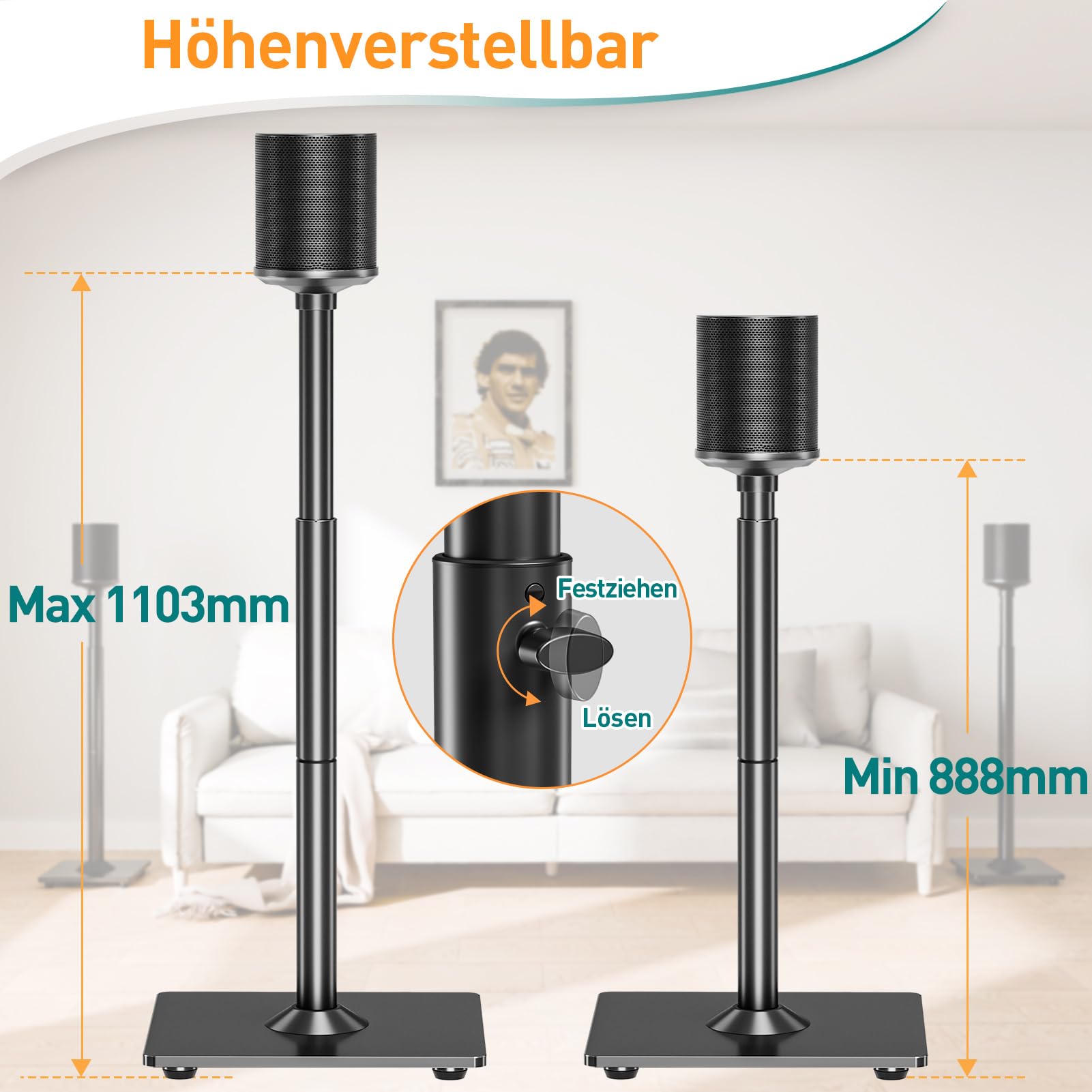 ELIVED Lautsprecherständer für Era 100 und Sonos One, One SL, Play: 1, Höhenverstellbar 88,8 cm-110,3 cm, Boxenständer Lautsprecher Ständer, 1 Paar, EV5024