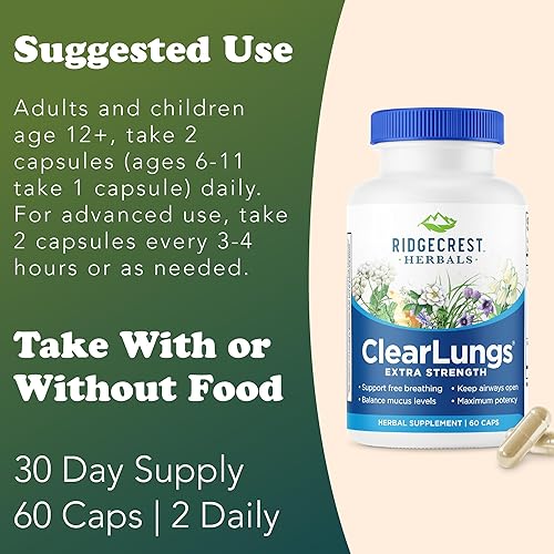Miniatura 4 de RidgeCrest Herbals ClearLungs Extra Strength, suplemento de salud diaria, fórmula natural de bienestar pulmonar y nasal para apoyo bronquial,