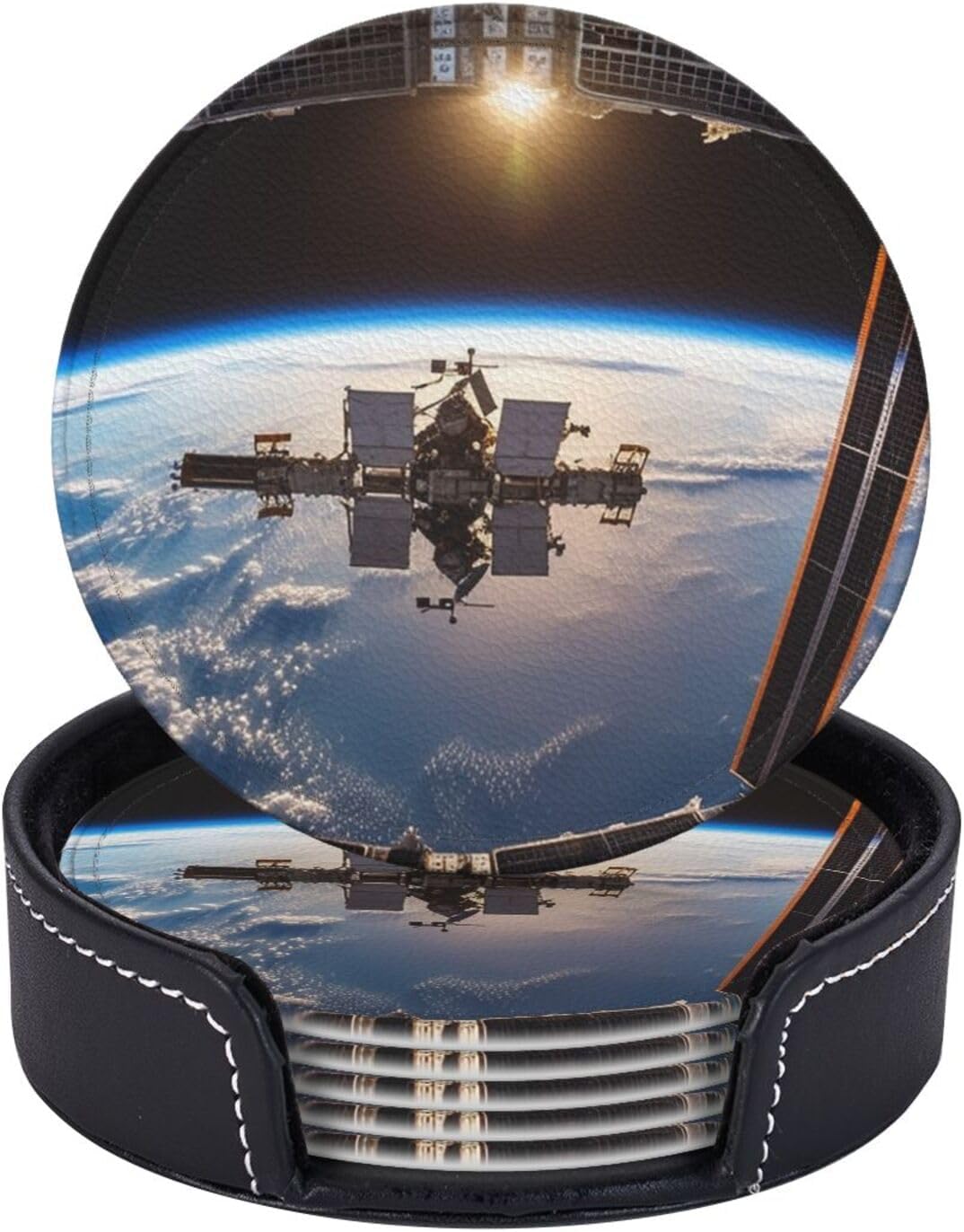 International Space Station Picture Coasters Set of 6, Leather Coasters for Drinks Absorbent Drink Coasters with Holder Cup Mat for Tabletop Protection Cup Coasters for Coffee Table Coasters Gifts image 4