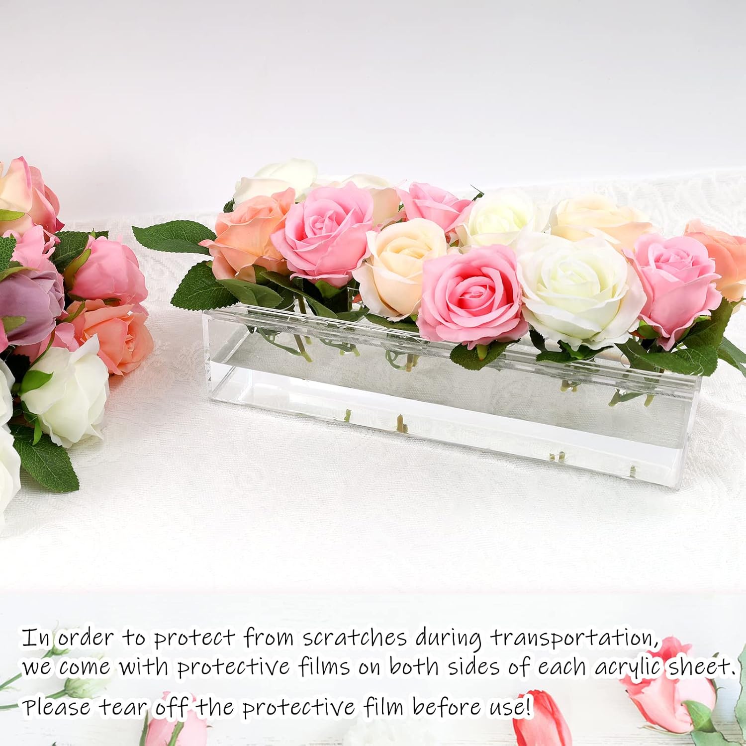 Clear Acrylic Flower Vase Rectangular Floral Centerpiece for Dining Table,Floral Arranger Rectangle Decorative Modern Vase Long Rectangle Acrylic Flower Holder Flower Vases for Home Decor Wedding