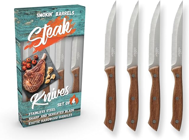 Solance Smokin' Barrels - Everyday Steak Knives with Exotic Hardwood Handles - Set of 4