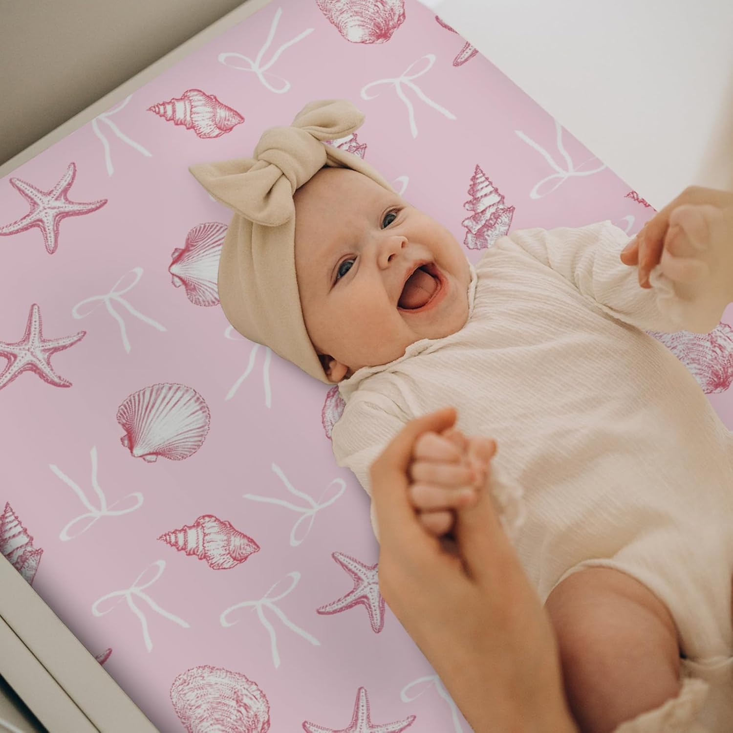 Summer Conches Bows Sea Baby Changing Pad Covers for Boys Girls Pink Ocean Seashells Beach Fitted Change Table Cover Mats Boho Nautical Marine Soft Diaper Change Table Sheets 32''×16''