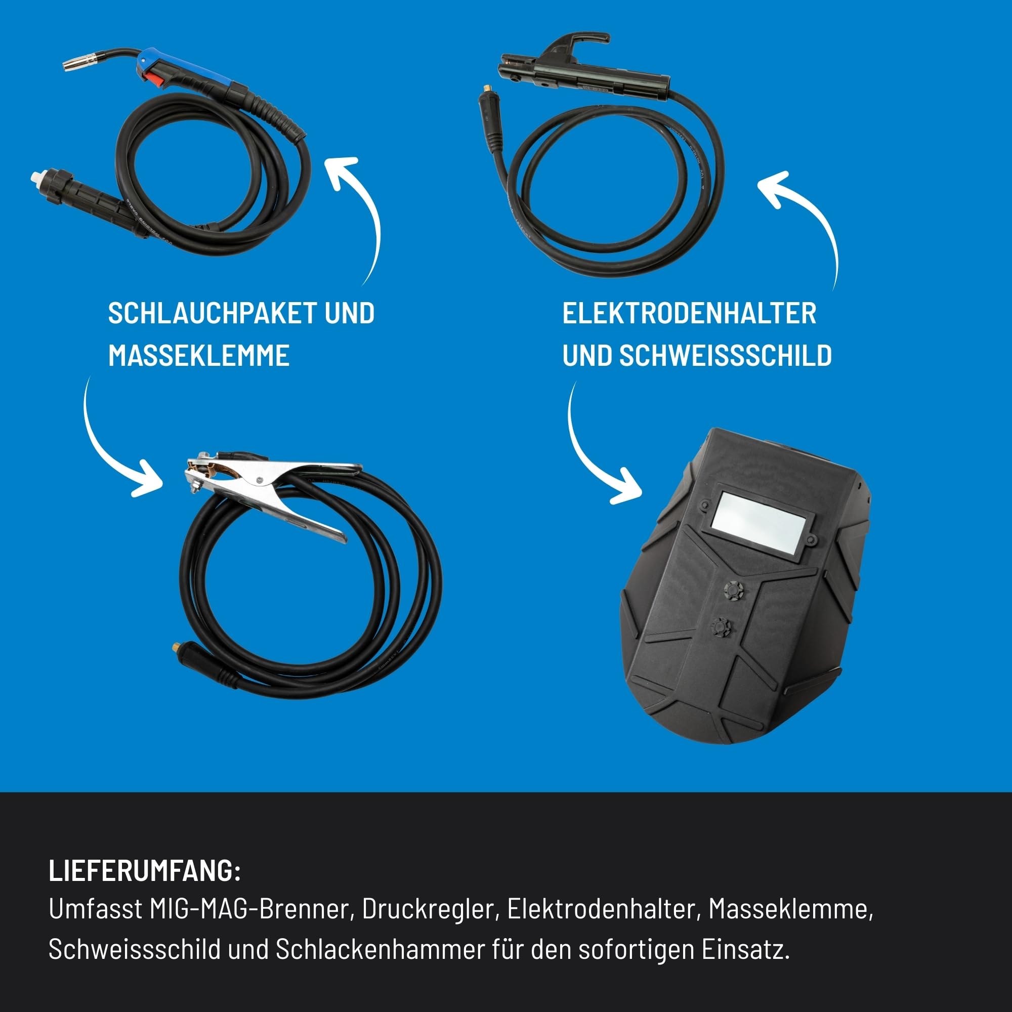 Güde Universalschweissgerät Uni-Mig 165 SYN (230 V, 4 in 1, 160 A max. Schweißstrom, 20-160 A Regelbereich, inkl. Elektrodenhalter, Schlauchpaket, Masseklemme, Druckminderer, Schweißschild, etc.)
