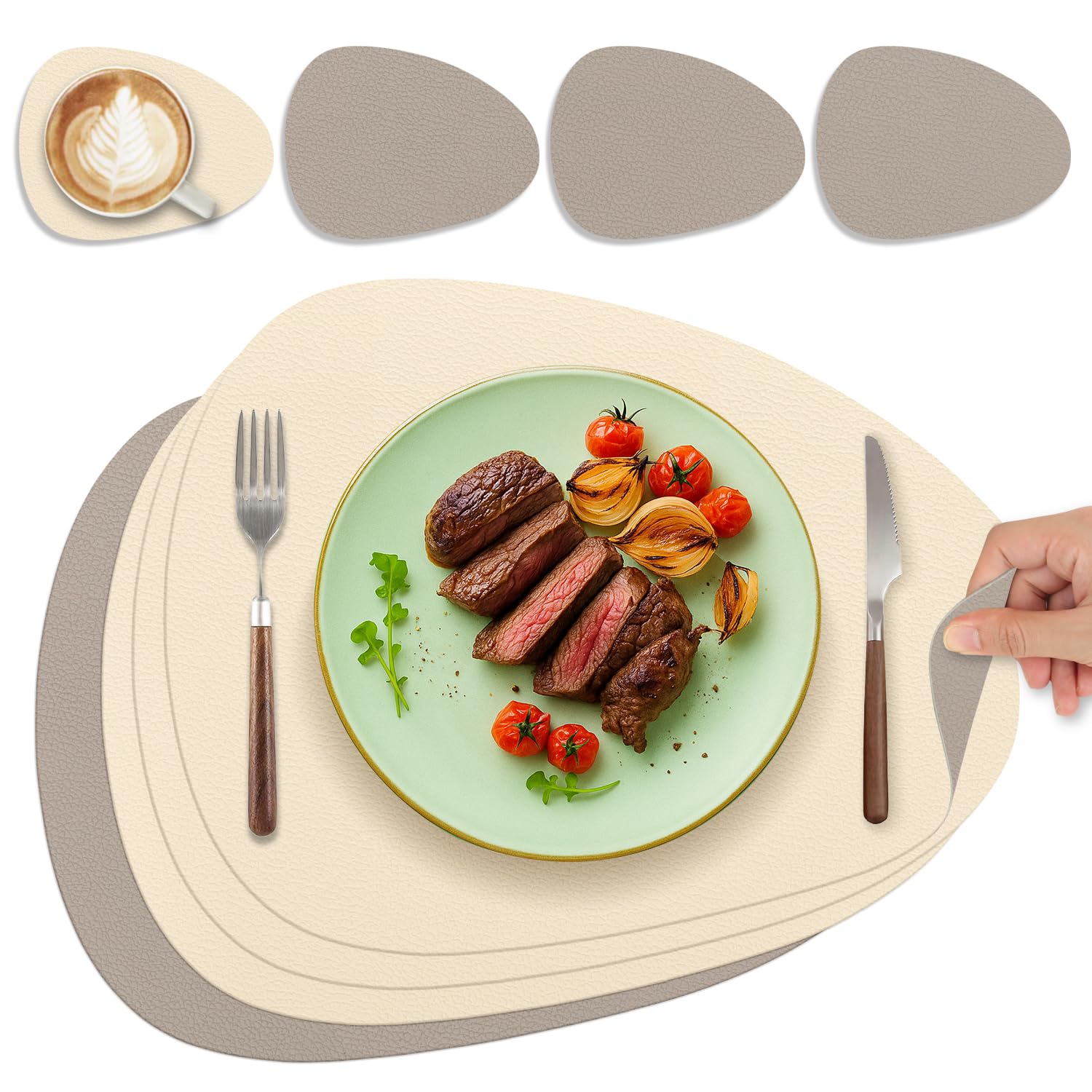 Tischsets Abwaschbar und Untersetzer, Oval Platzset Leder Platzdeckchen Abwaschbar Doppelseitigen Tischsets Umkehrbares Tischset rutschfest Lederoptik