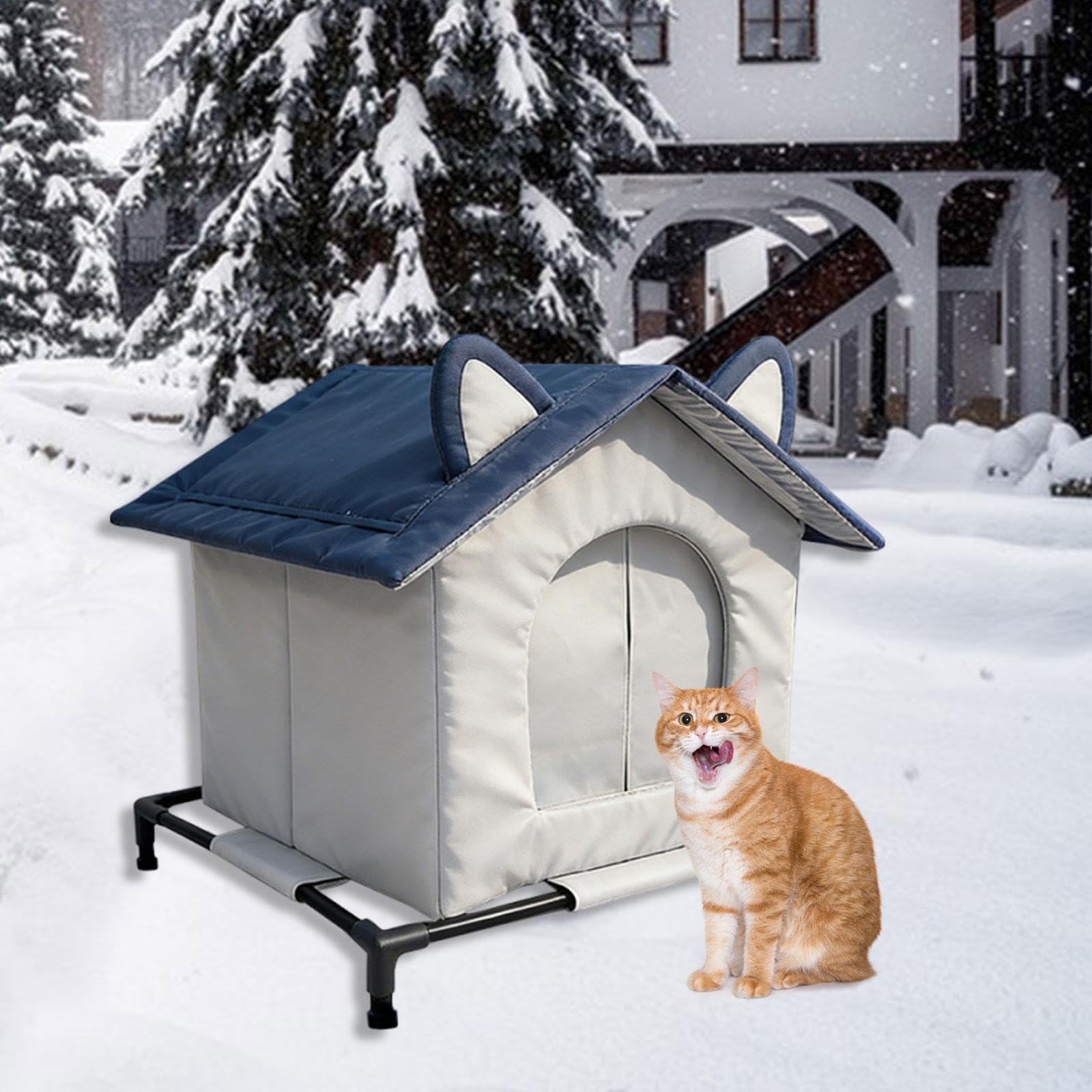 Outdoor Stray Cat House con Isolamento Termico Casa per Gatti Randagi in Tessuto Oxford Impermeabile Dotata di Tenda Antivento per Protezione Invernal, Medio