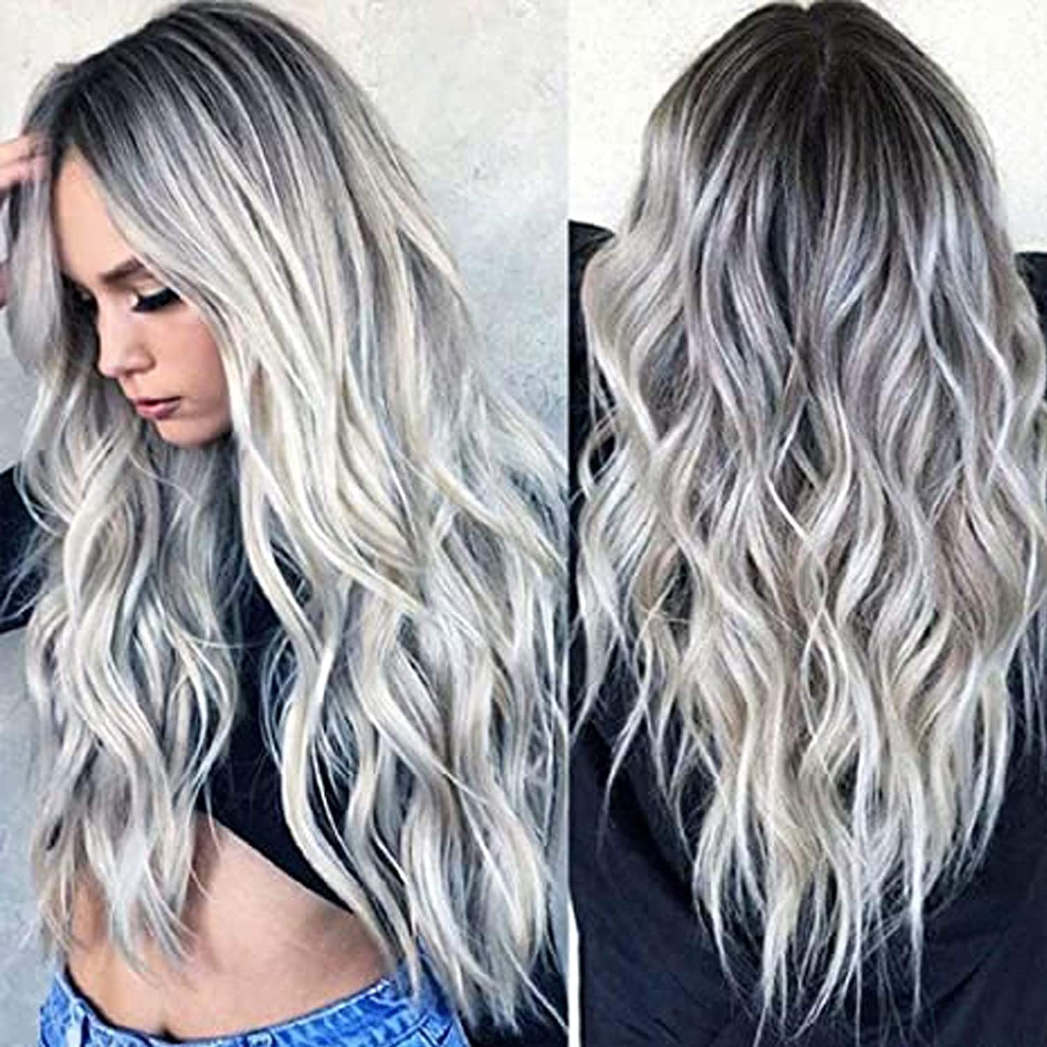 Amazon.com : 28" Natural Full Wigs Hair Long Wavy Wig Synthetic Heat  Resistant Ombre Silver Gray Full Curly Wig with Free Wig Cap for Women  Girls Party Cosplay Halloween Costume Accessories (Silver