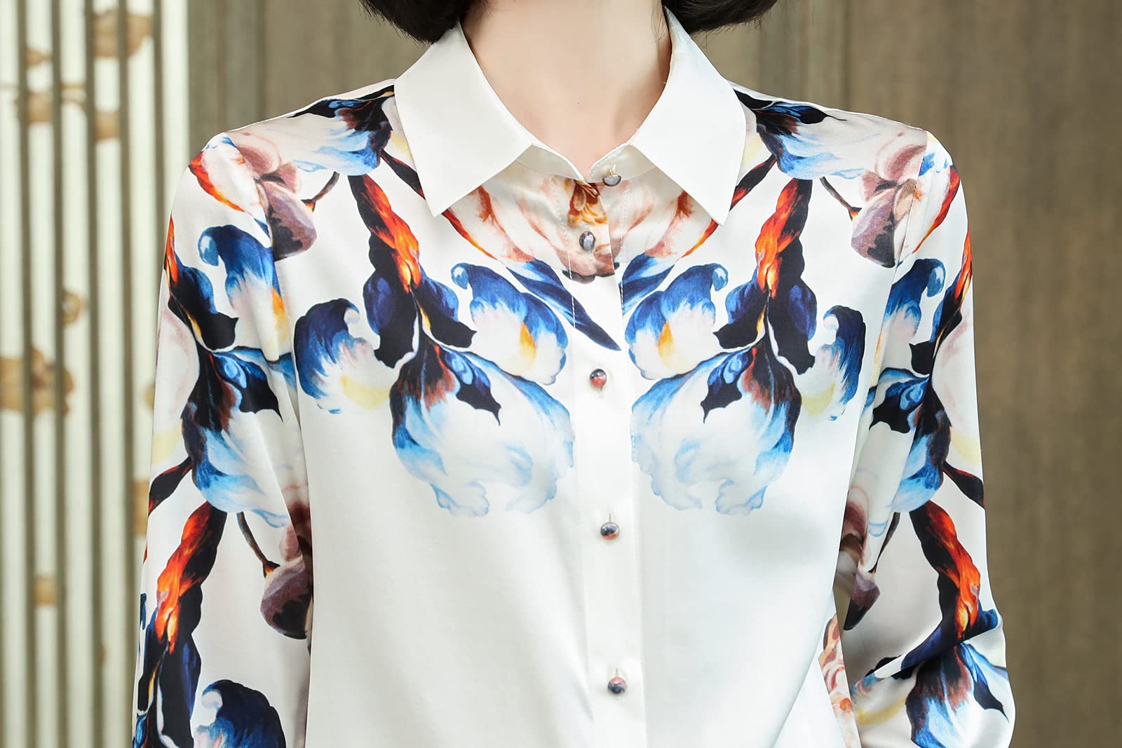Valin S9099 - Camicia da donna con stampa a bottone, a maniche lunghe, in seta