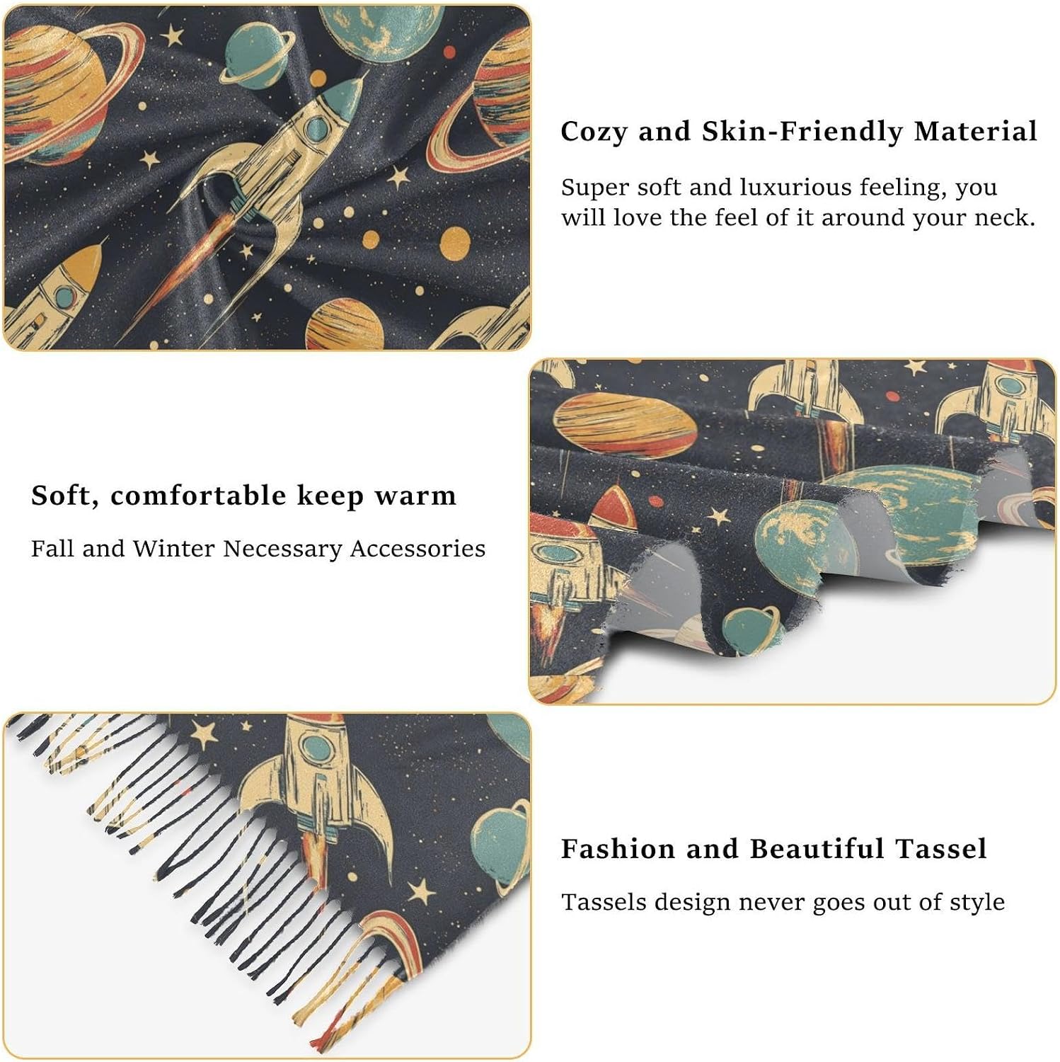 Winter Scarf for Women Space Planetary Rocket Fashion Tassel Shawl Wraps for Women, Cold Weather Warm Womens Scarves Soft Long Scarf Gifts