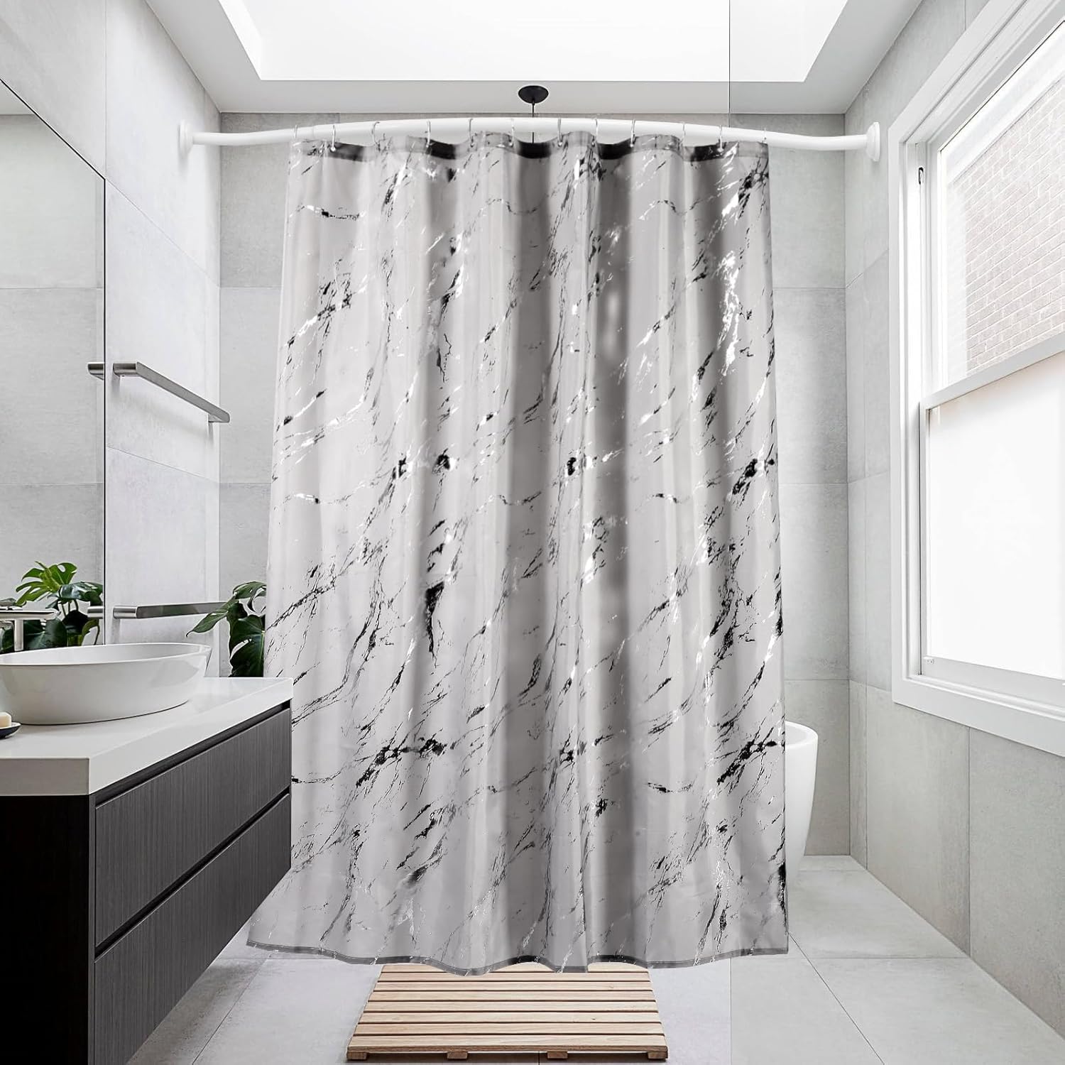 Adjustable White Curved Shower Curtain Rod, 42-72 Inches Shower Curtain Rod for Bathroom and Bathtub, Extra Space Rustproof Expandable Stainless Steel Shower Rod Wall Mounted, Need to Drill