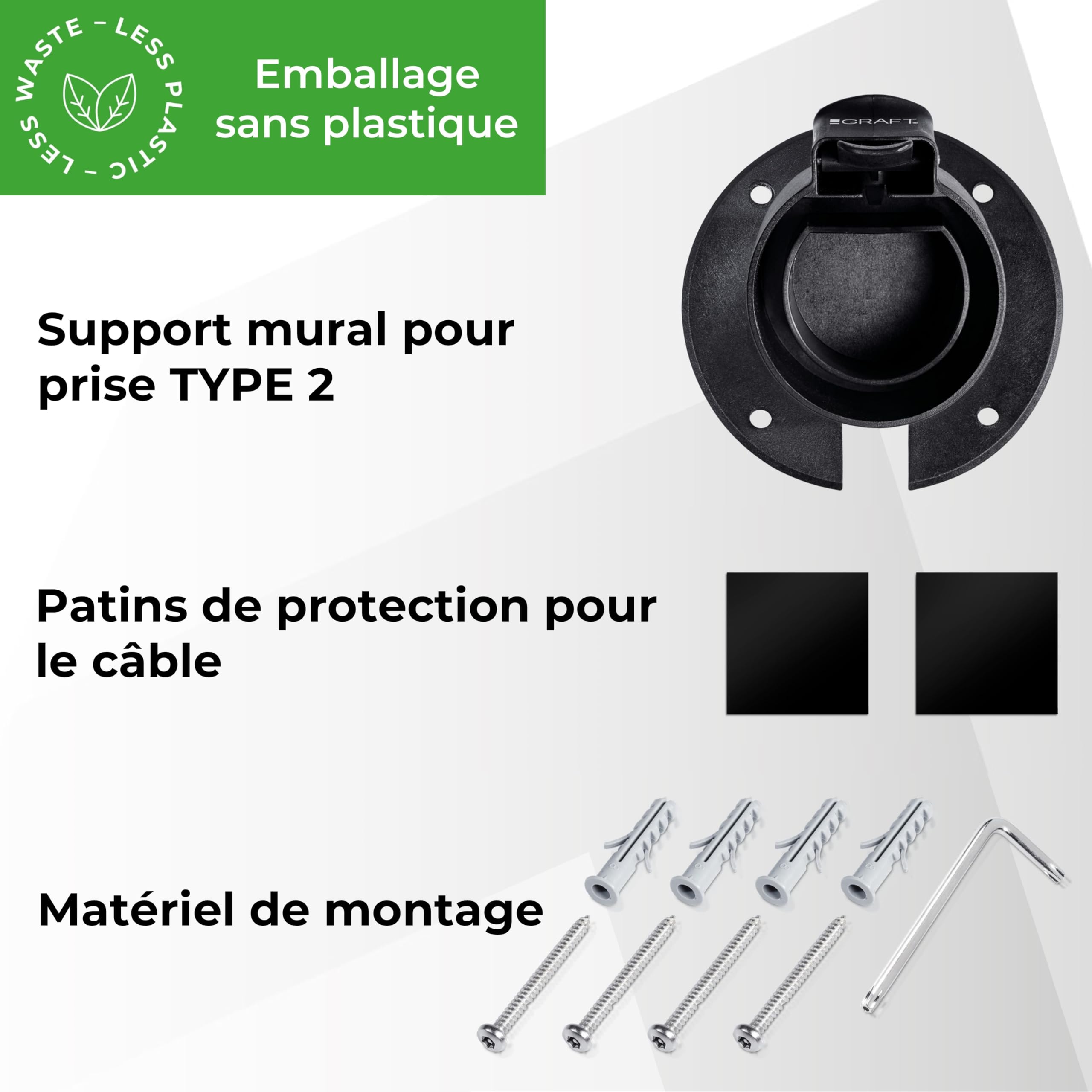 Graft Support Mural de Type 2 pour câble | Support pour Voiture électrique à Un connecteur IEC 62196-2 | Accessoire pour Station de Charge Type 2, avec système antivol pour câble et Chargeur