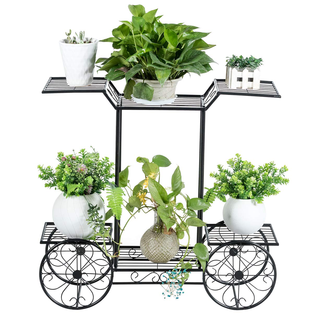 DREAMADE Scaffale Portafiori in Ferro Battuto, Supporto per Piante da Esterno e Interno, Portapiante a 4 Ripiani per Giardino, Balcone, Cortile, Ruote Immobili, 80,5 x 25 x 75 cm, Nero