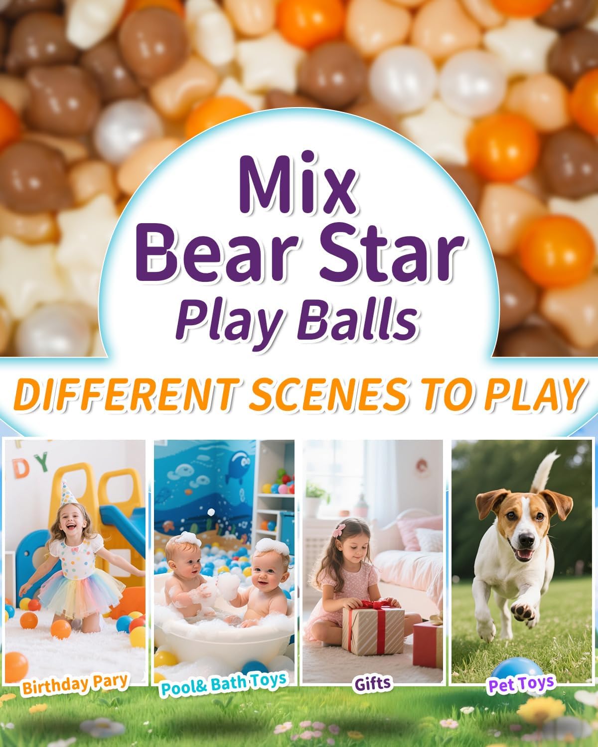 TRENDPLAY Ball Pit Balls Star Bear Heart Shape for Toddlers 50 100 200, Plastic Toy Balls for Boys Girls
