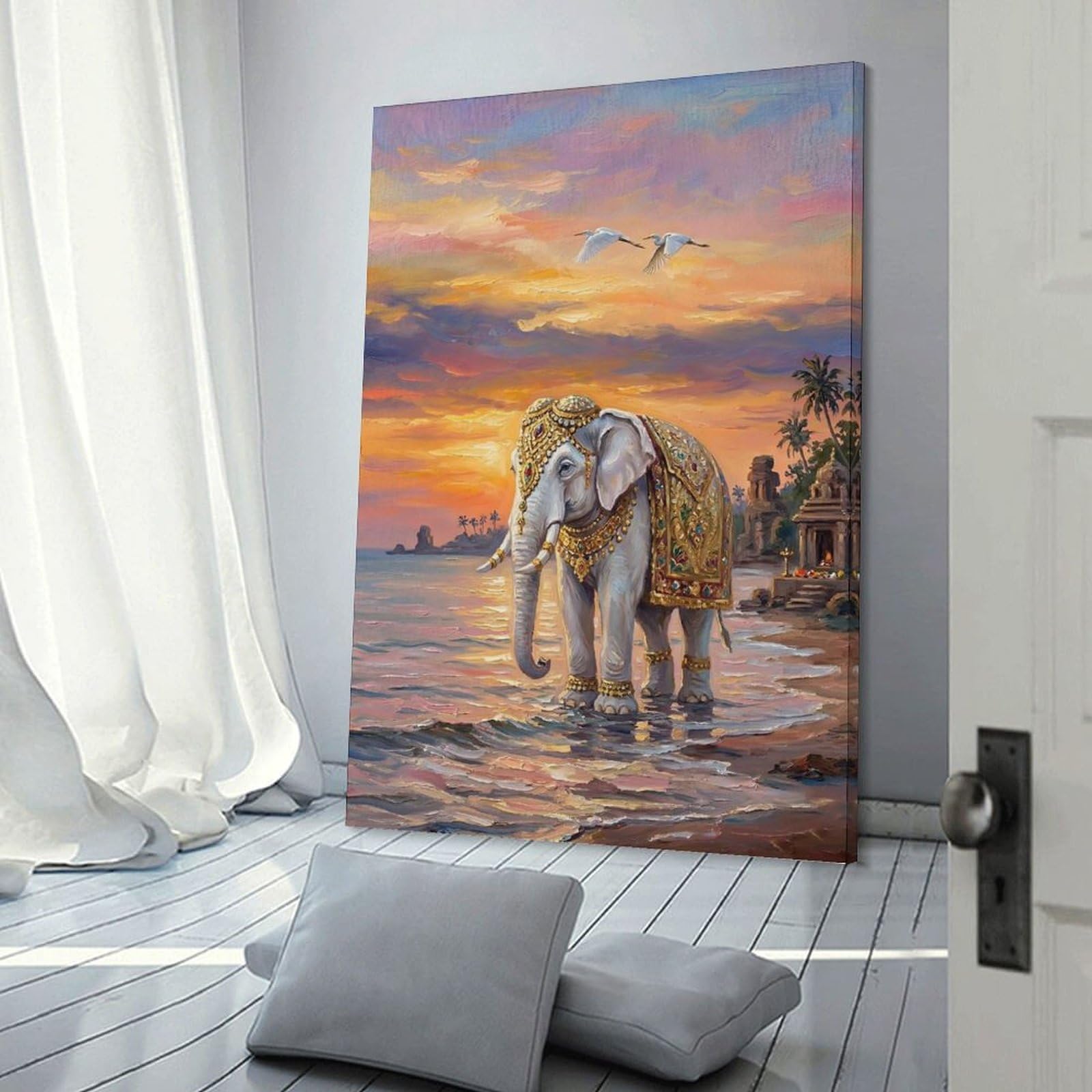 Junmoney Ornate Elephant by The Sea at Sunset Home Decor Wall Art, 24x36inch(60x90cm), for Apartments, Flats Or New Home Decor, An Easy Choice for New Home Styling