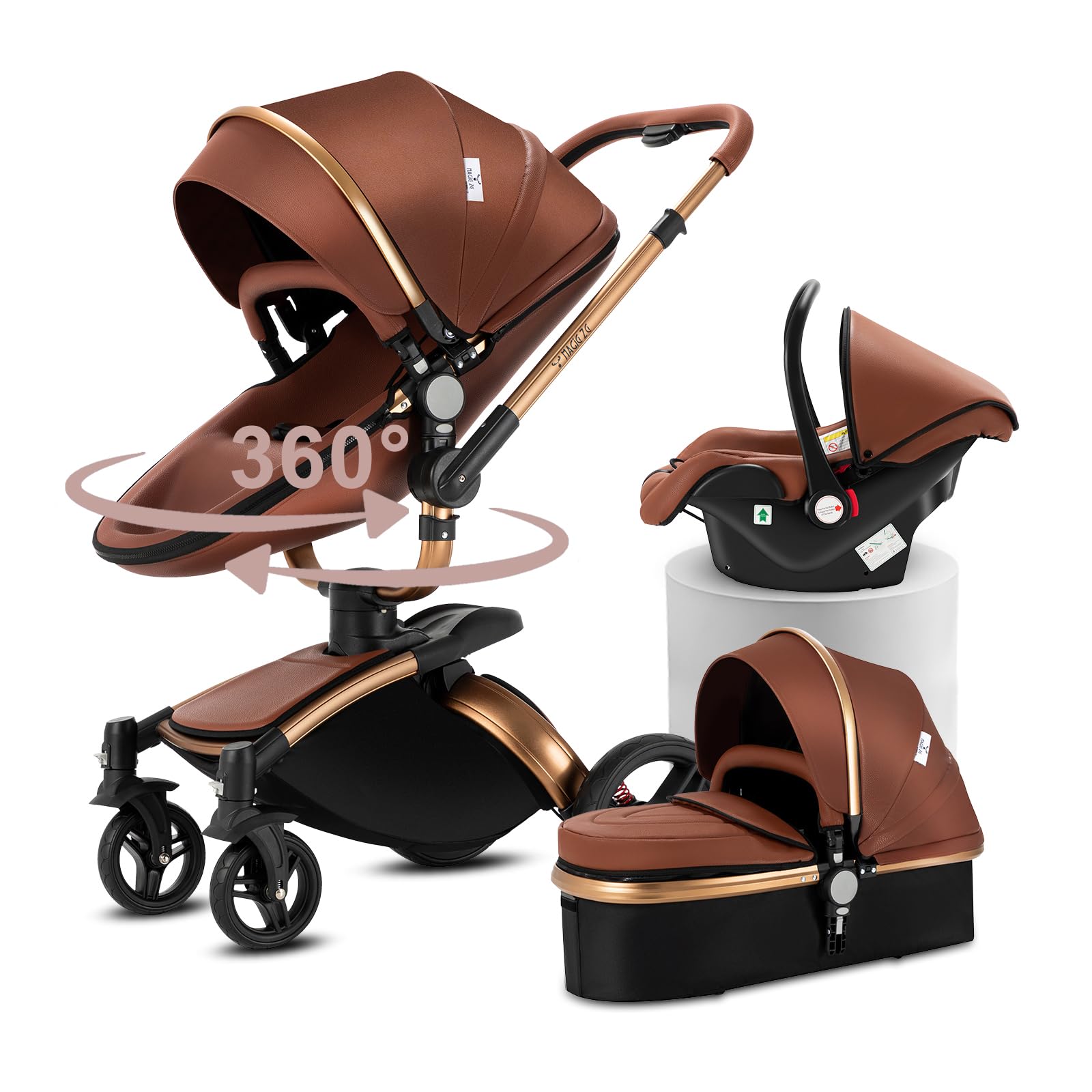 Reenborn Pelle PU Passeggino Trio, Passeggino 3 in 1 con Sedili Regolabili Rotanti 360°, Trio con Telaio Alluminio Paesaggistico Alto, Trio Passeggino Neonati Design Pieghevole in Un Clic (906 Brown)