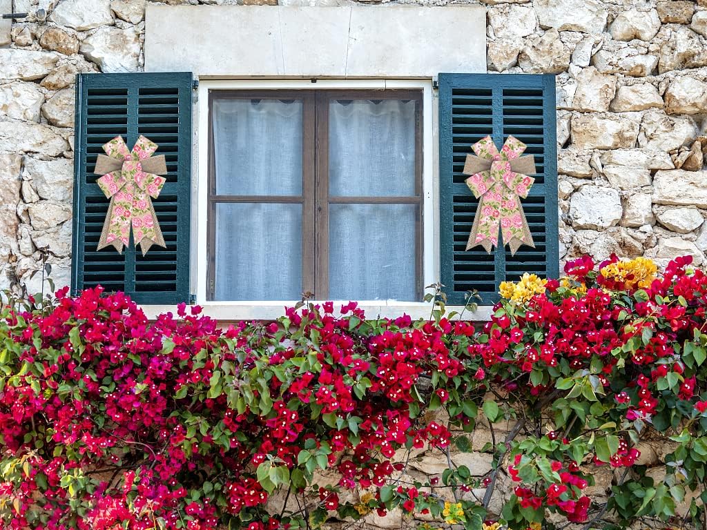 2pcs Spring Wreath Bows Pink Roses Flowers Burlap Bows for Wreath, Brown White Spots Dots Ribbon Bows Spring Retro Flowers Decor Bows for Springtime Indoor Outdoor Decoration Wreath Ornament Supplies - Image 3