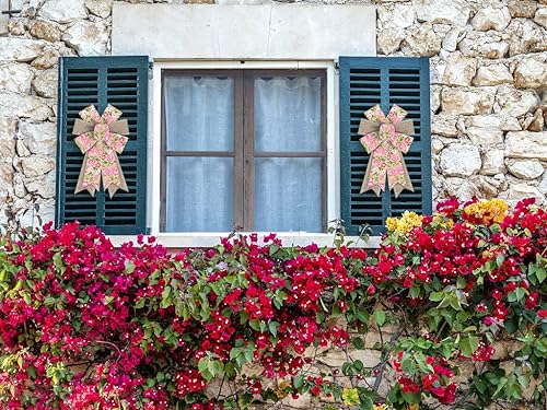 Miniatura 3 de 2 lazos de corona de primavera, rosas rosas, flores, arcos de arpillera para corona, puntos marrones y blancos, lazos de cinta, lazos de decoración