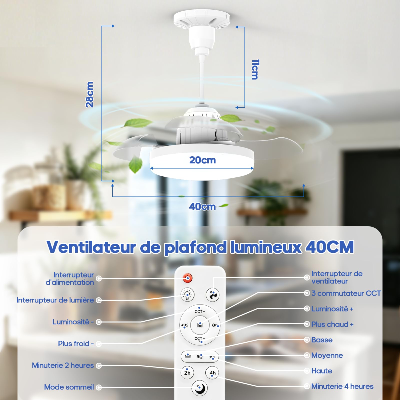 GOODEA Caché Ventilateur de Plafond Silencieux 40cm avec Lumière et Télécommande 30W E27 2000lm Dimmable