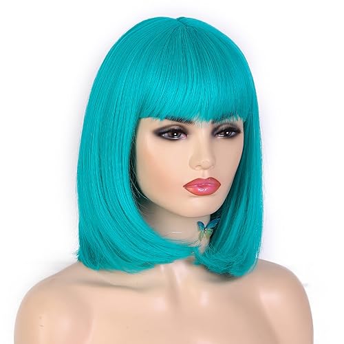 Miniatura 5 de Lady Miranda Peluca de cabello liso azul azulado, estilo Bob, con flequillo, pelucas sintéticas completas para mujeres, pelucas de cosplay (verde