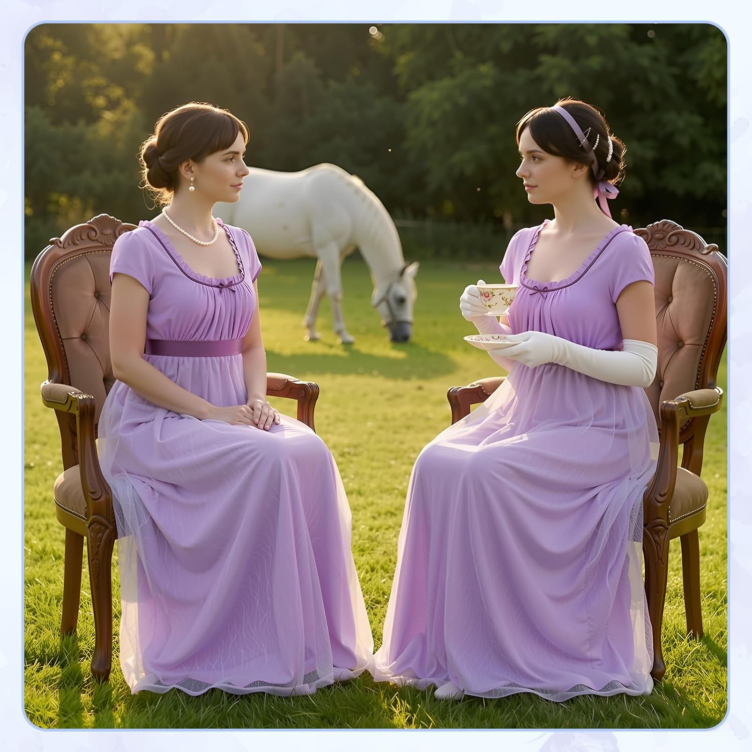 Regency Dresses for Women with Satin Sash Cap Sleeve Lace Cover Empire Waist Victorian Tea Party Gown