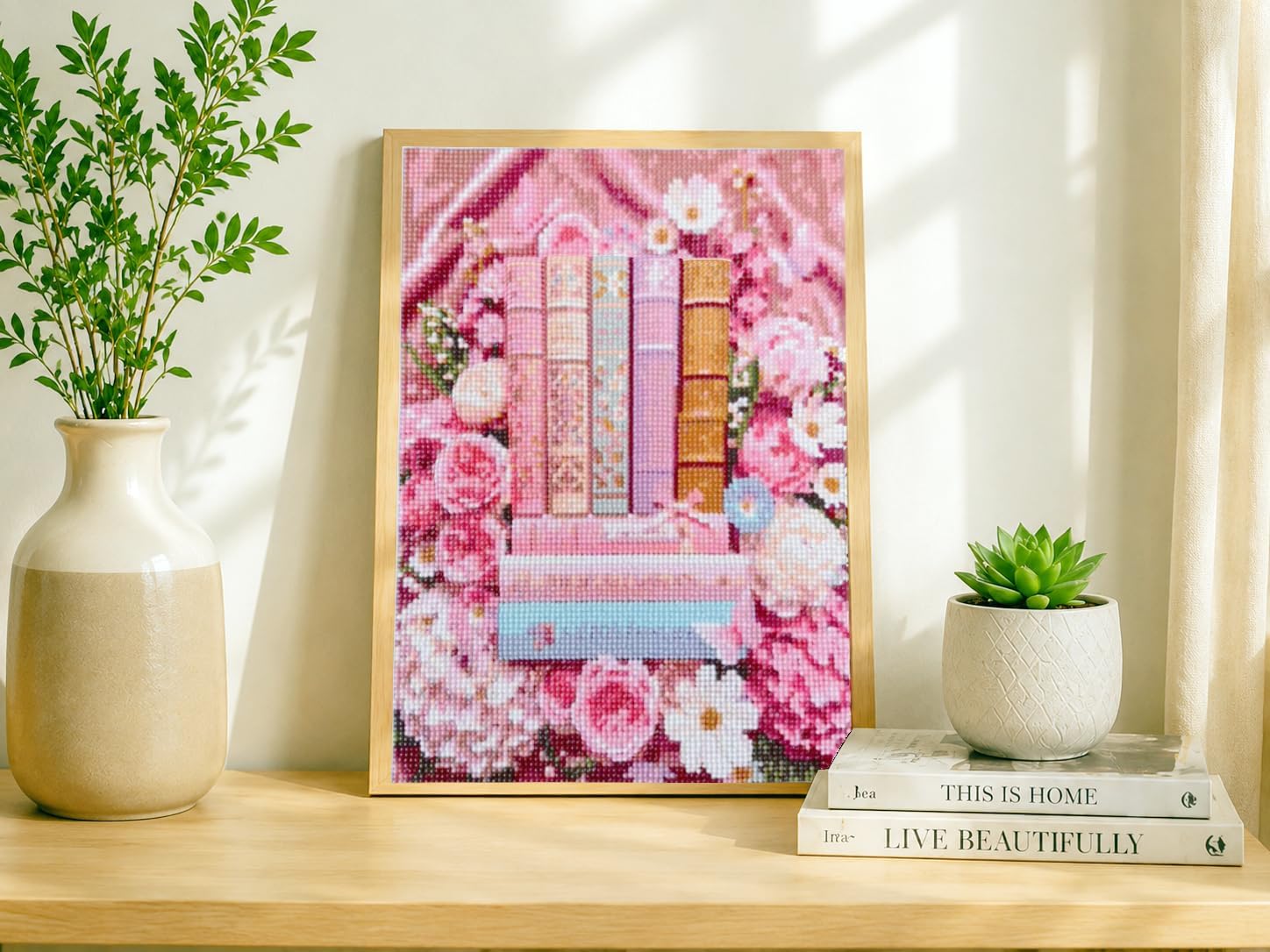 QYLTHRA 5D Diamond Painting Kit, Vintage Pastel Book Stack with Romantic Flowers & Butterflies, Full Round Diamond Art, Coquette Floral Wall Decor, DIY Craft Gift for Adults & Beginners, 12x16 Inch