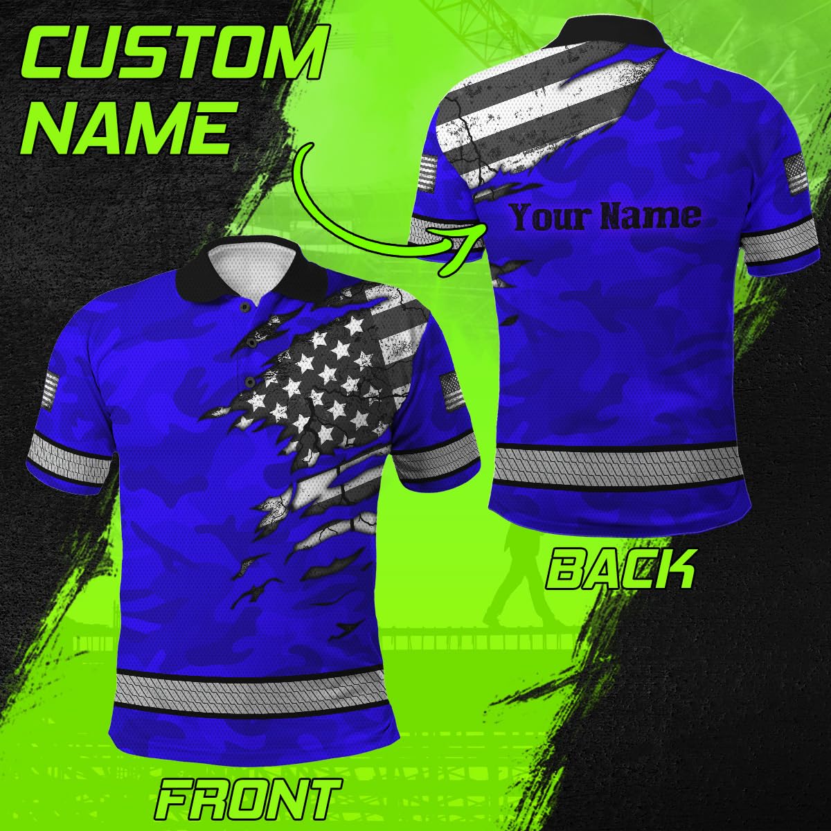 HiVis Custom Safety Polo Shirts Scratch Blue Camo US Flag Customize Name High Visibility Shirt for Men Reflective Shirt Construction Workwear for Runners, Walkers, Trucker, Operator, Patriotic-L