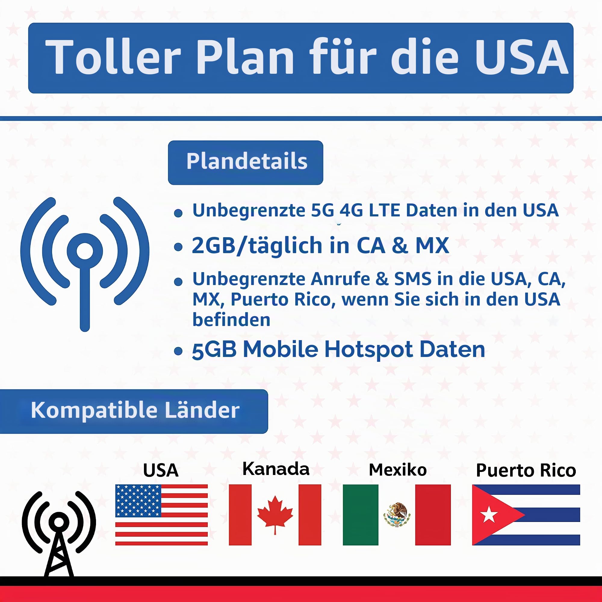 USA Verizon SIM-Karte 28Tage|Karte SIM US États-UNIS |Unbegrenzte US-5G/4G-LTE-Daten/Anrufe/Texte (Hawaii ist inbegriffen)|2GB/Tag Daten in Kanada und Mexiko|5GB Hotspot – Der beste Empfang in den USA