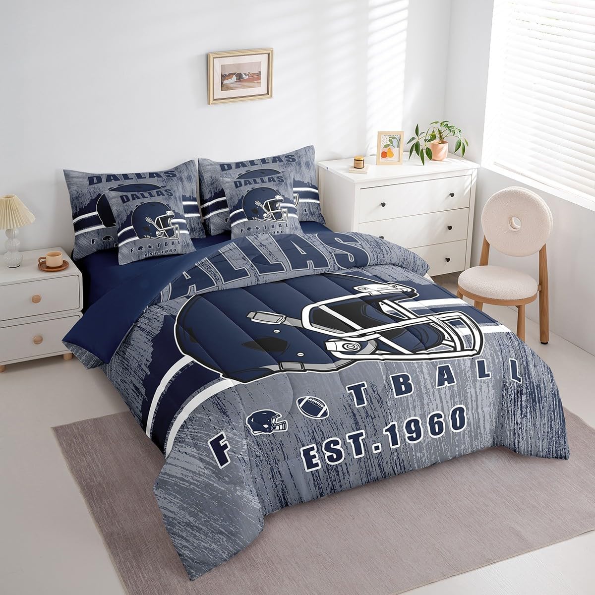 Erosebridal Cowboys Football Bed in A Bag Boys Girls Bedding Set Gridiron Gifts for City Fans Women Men Comforter Sets with Sheets Rugby Sports 7 Pieces Bed Set King