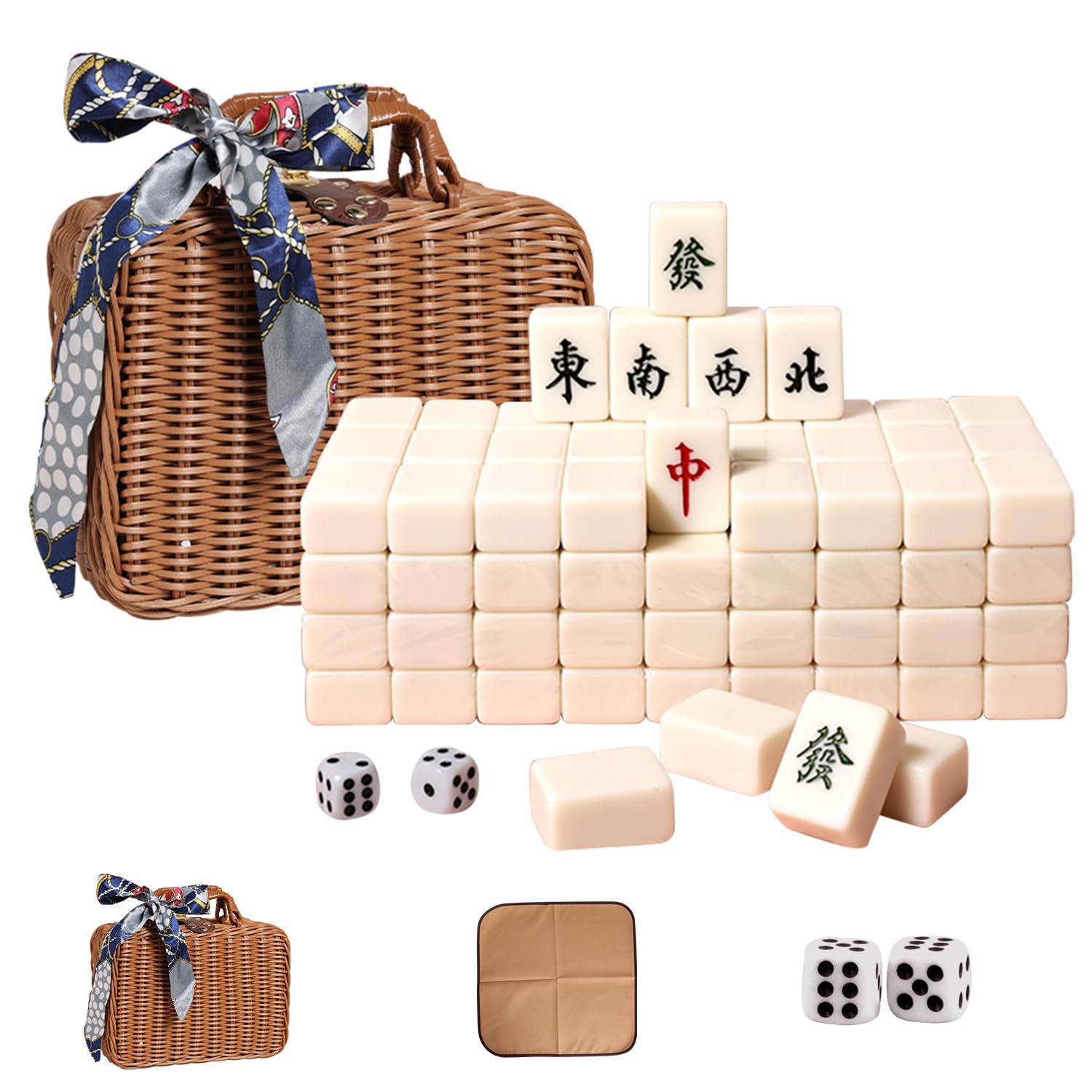 VPH Travel Chinese Mahjong Set Ivory 144 Sheets with Rattan Box and Tablecloth (Ivory)