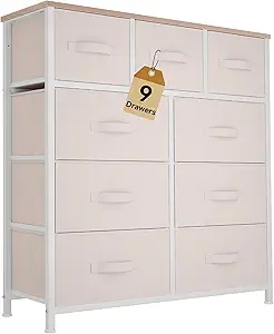 DWVO Dresser with 9 Drawers - Fabric Storage Tower, Organizer Unit for Living Room, Hallway - Sturdy Steel Frame, Wooden Top & Easy Pull Fabric Bins