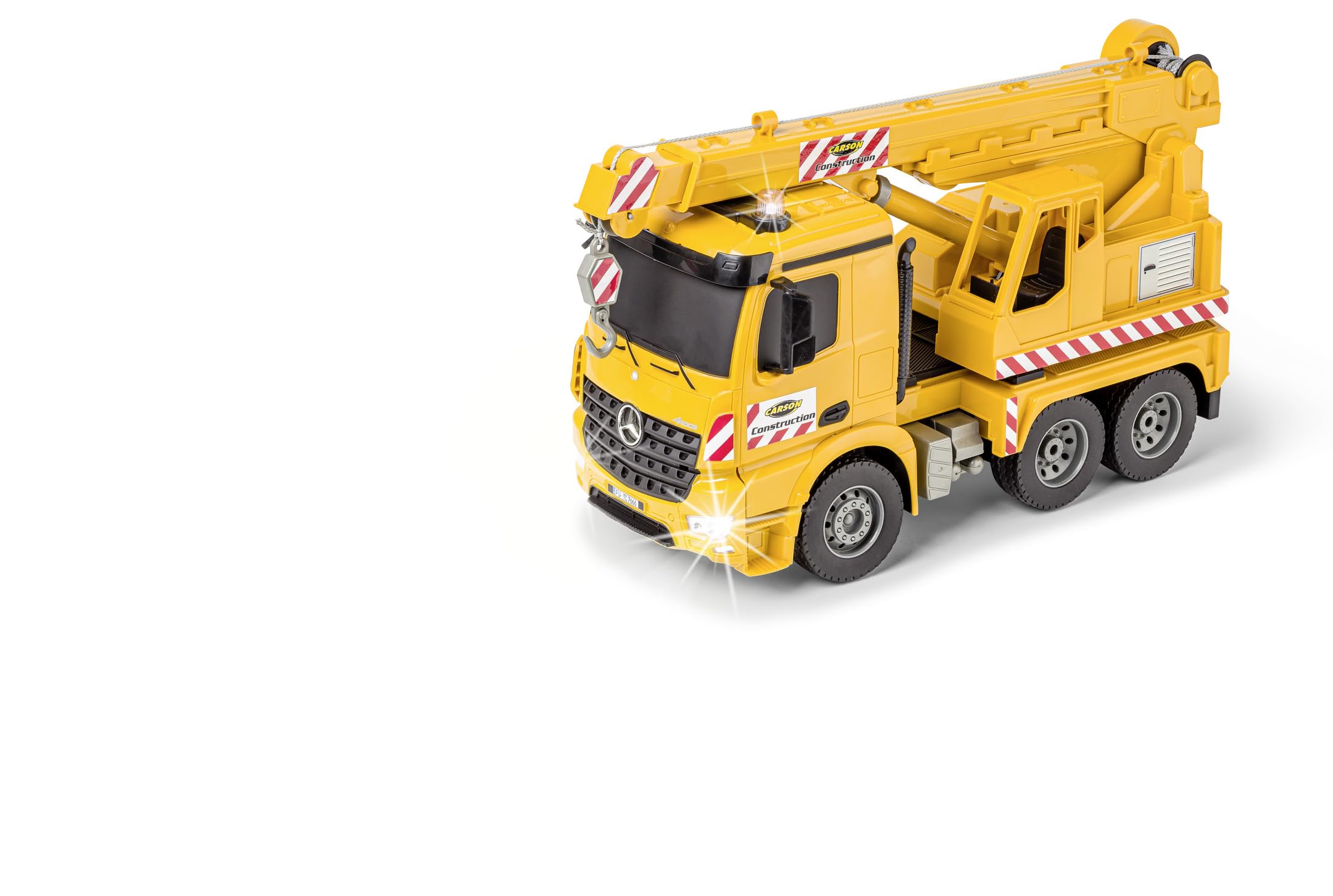 Carson 500907666 1:20 MB Arocs Camion-Grue 100% RTR - Véhicule télécommandé, Camion avec Fonctions Son et lumière, Batteries et radiocommande incluses, 30 Minutes de Conduite