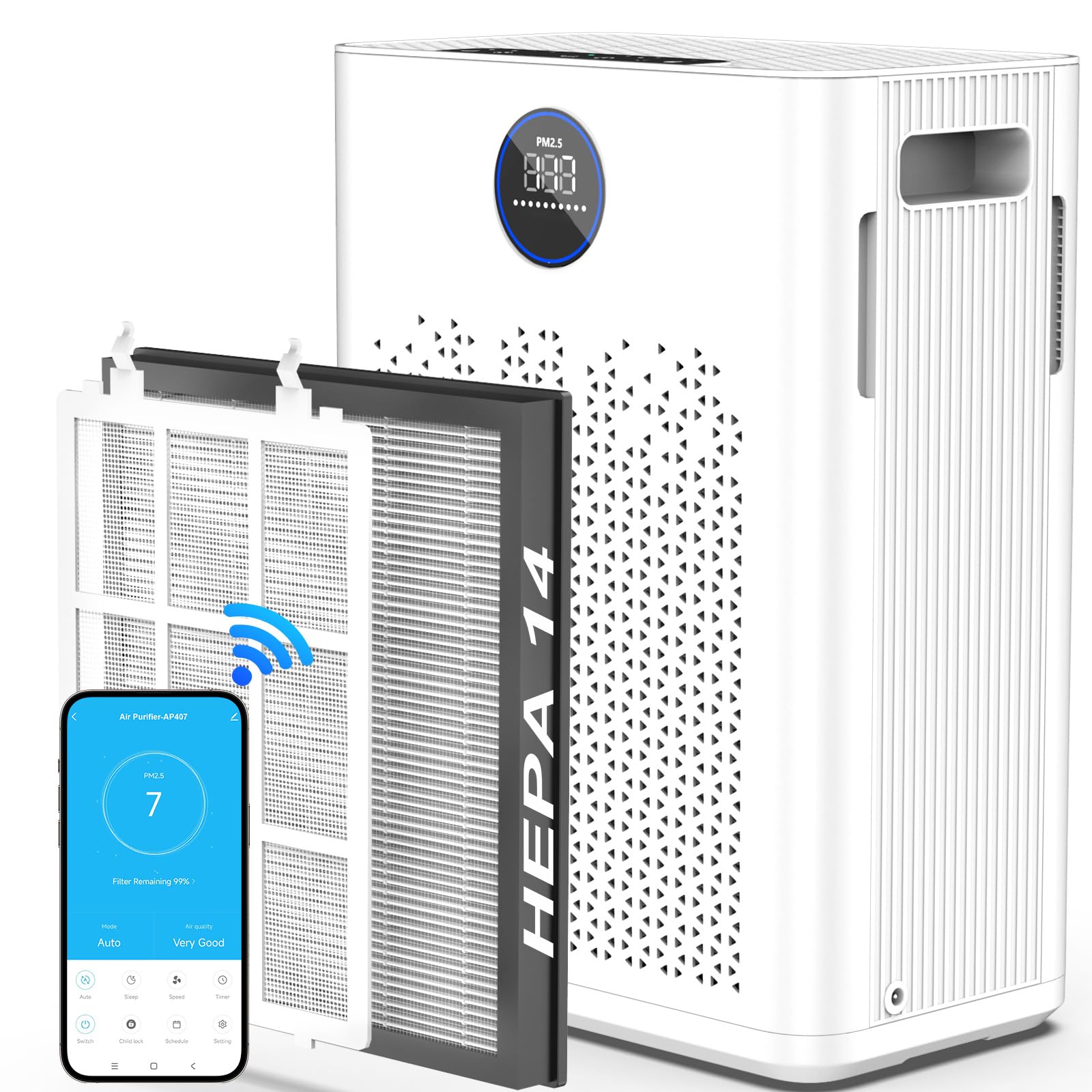 Air Purifiers for Home Large Room up to 2800ft², Smart Wifi Air Purifier with PM2.5 Sensor, HEPA H14 Washable Filter Sleep Mode 22dB with Timer, Air Cleaner for Dust Odors Pollen Dander (White-WIFI)