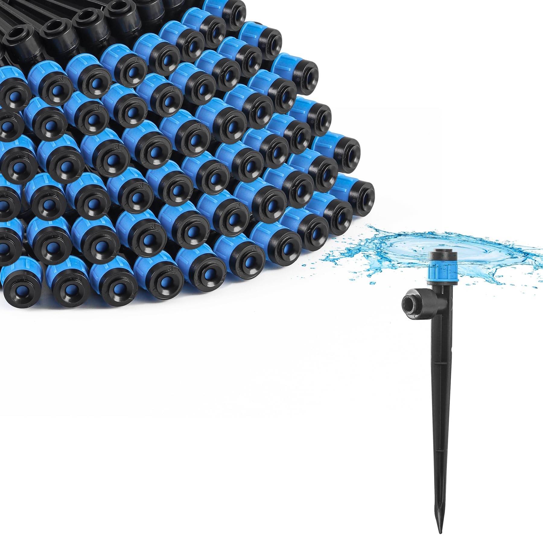 MIXC 60pcs Quick-Connect Drip Irrigation Emitters Fan Shape for 1/4" Drip Irrigation Tubing - Adjustable Push-to-Connect 360° Drip Emitters Vortex on 5.5" Sturdy Stake for Irrigation System